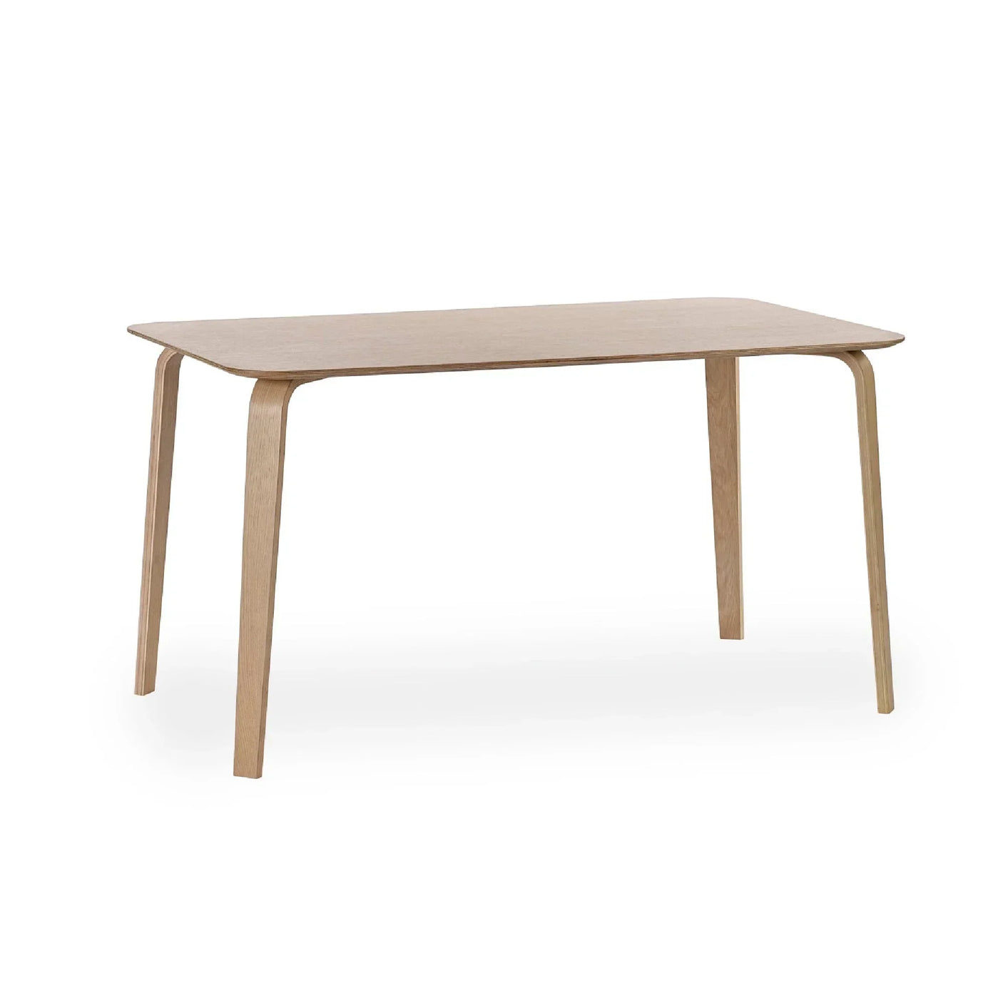 Rectangular wooden dining table with curved legs and natural finish, angled side view