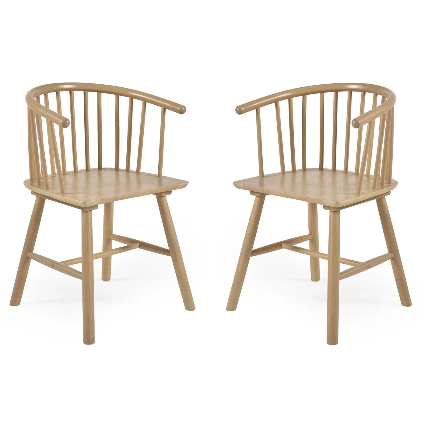 Pair of wooden dining chairs with curved spindle back and natural finish on white background