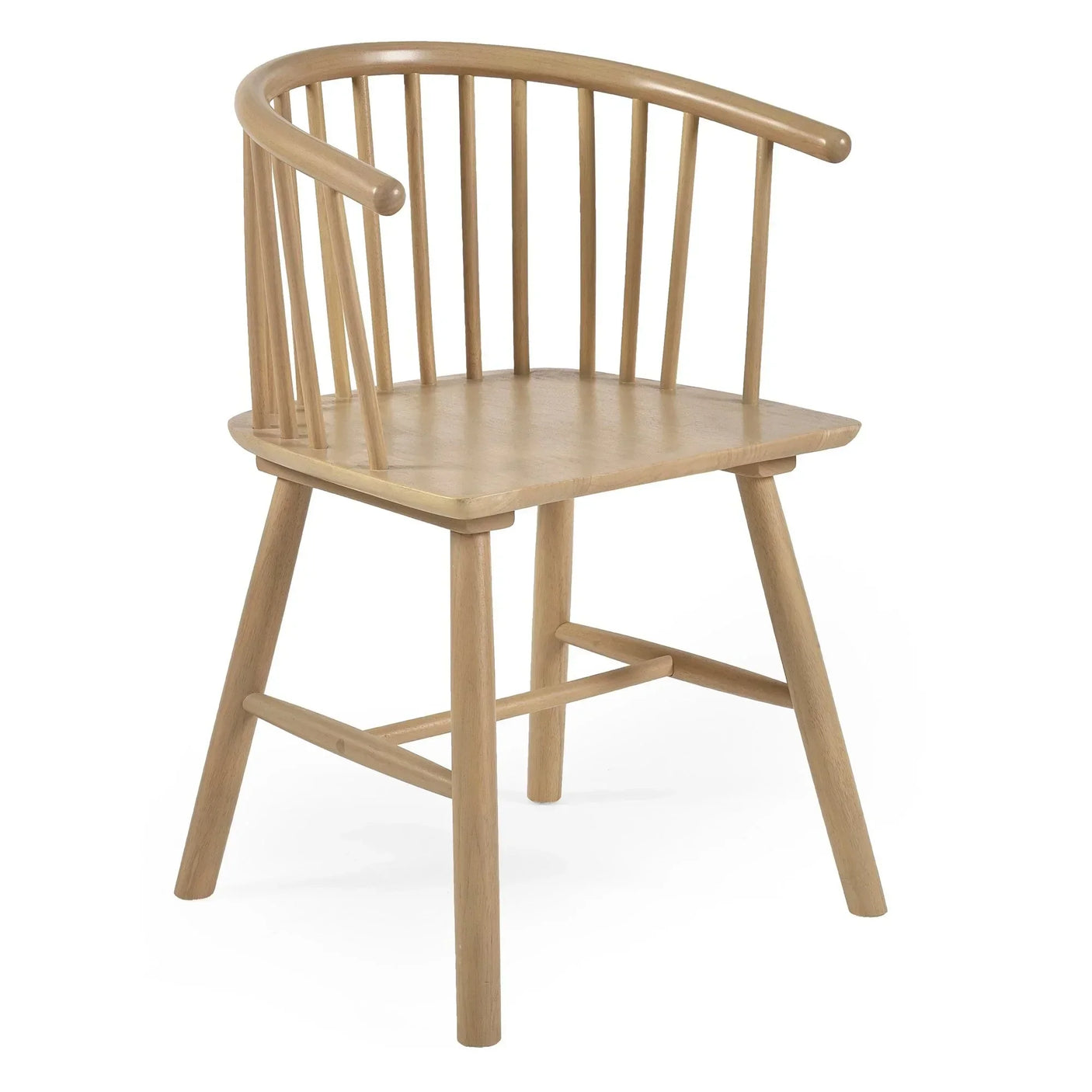 Light oak wooden dining chair with curved spindle backrest and angled legs