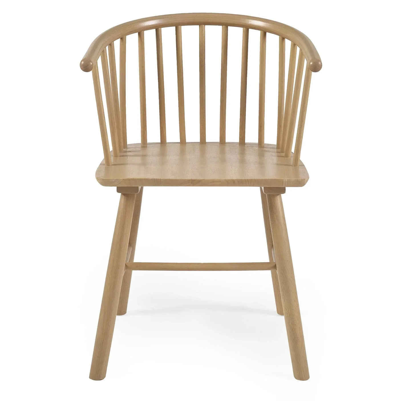 Natural wood dining chair with curved spindle back and angled legs, front view