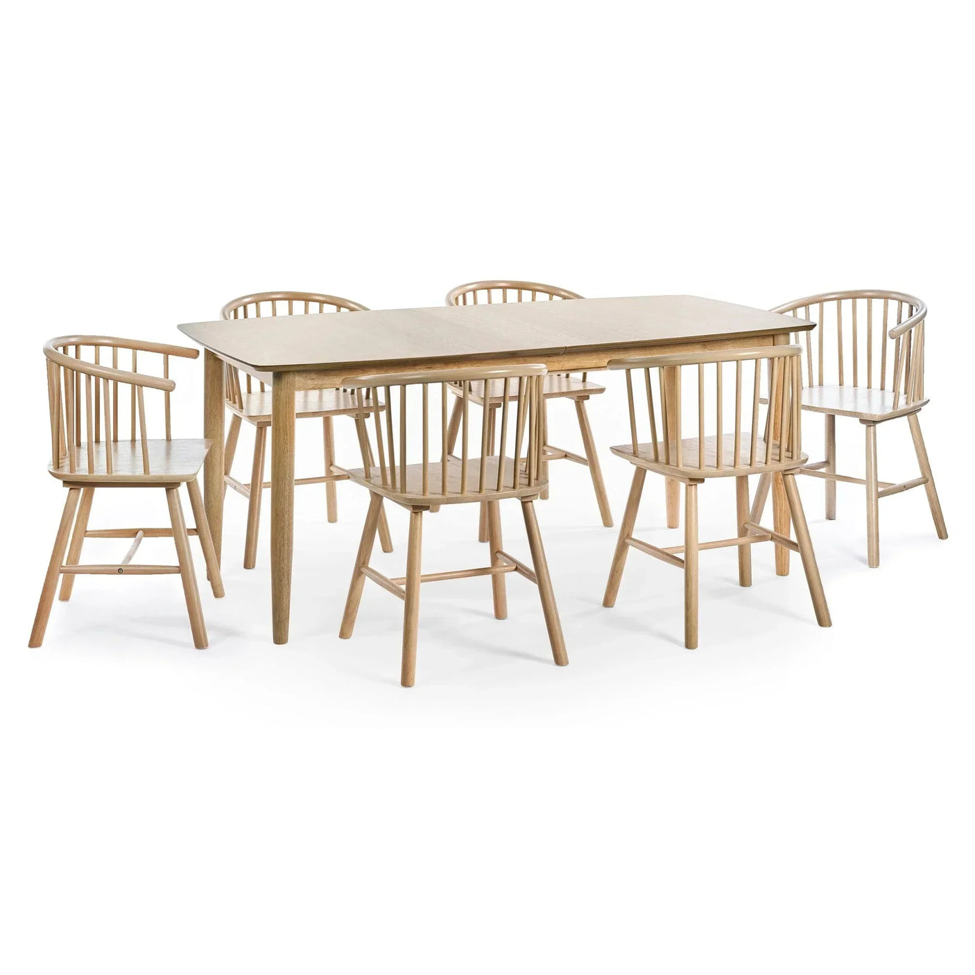 Oak dining table with six spindle back dining chairs arranged on white background