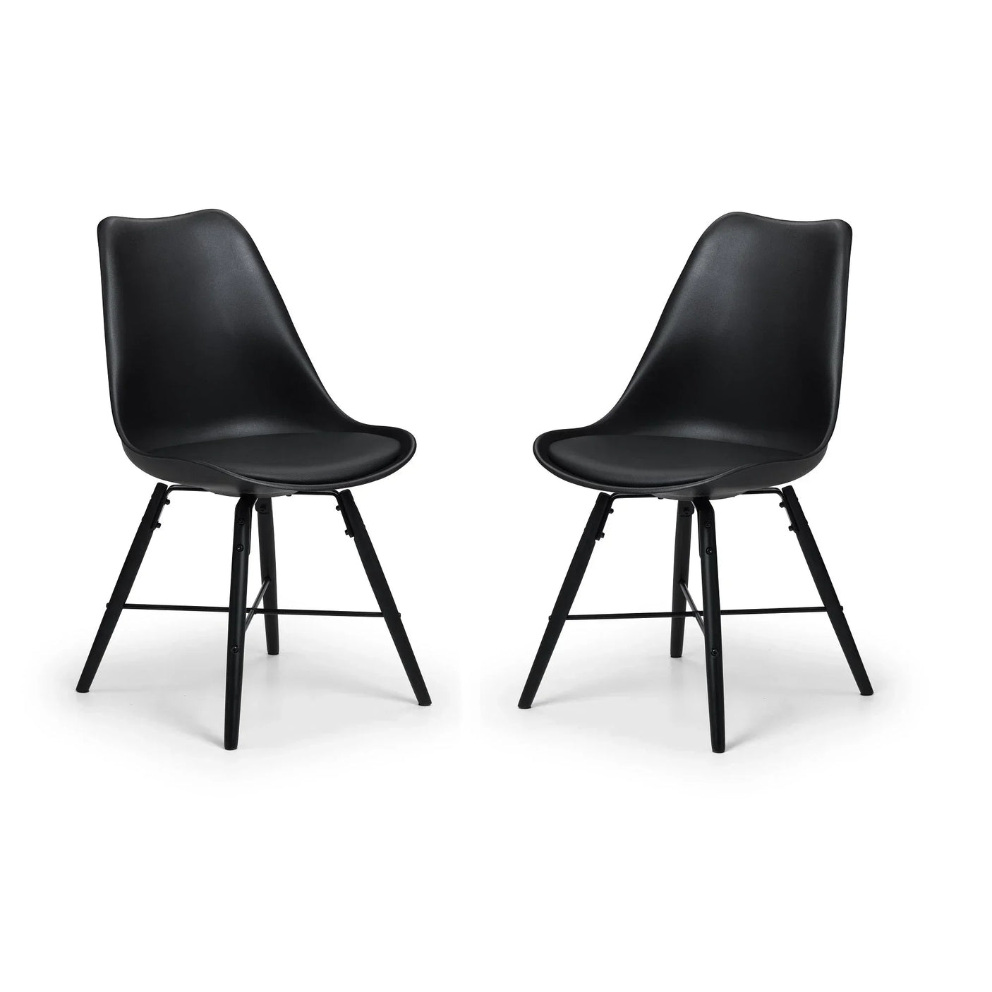 Black dining chairs with curved seats and angled legs on white background