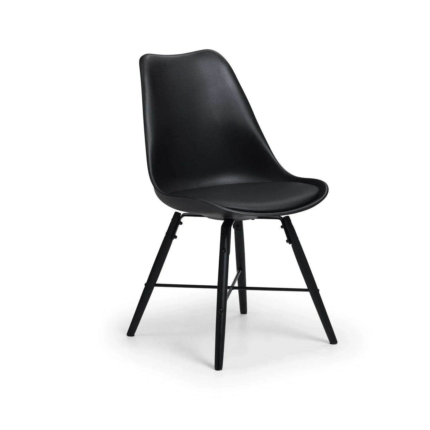 Black dining chair with curved seat and metal legs on white background