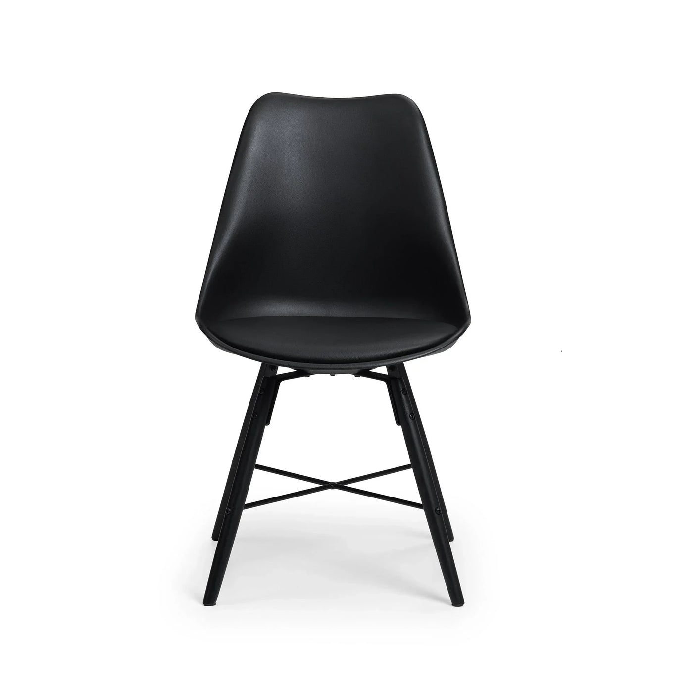 Black dining chair with curved seat and metal legs, front view on white background