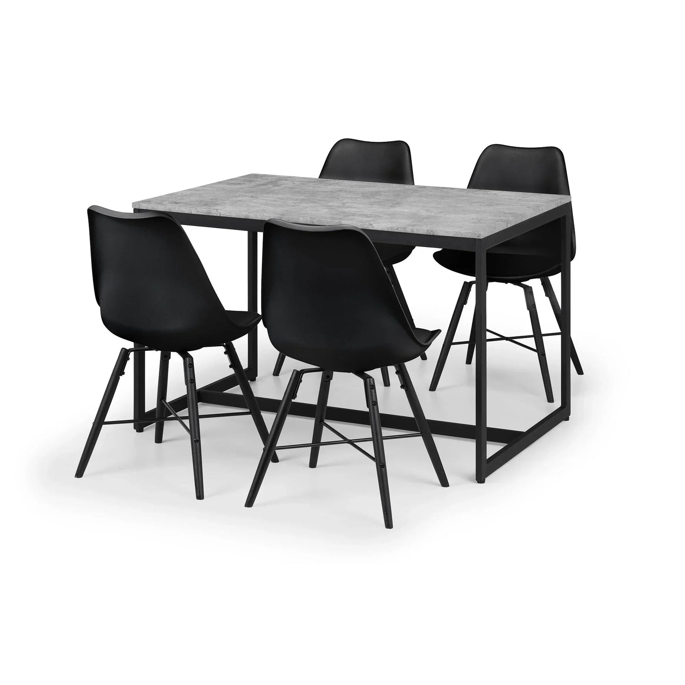 Black dining chair set with rectangular grey table on metal legs, minimalist style