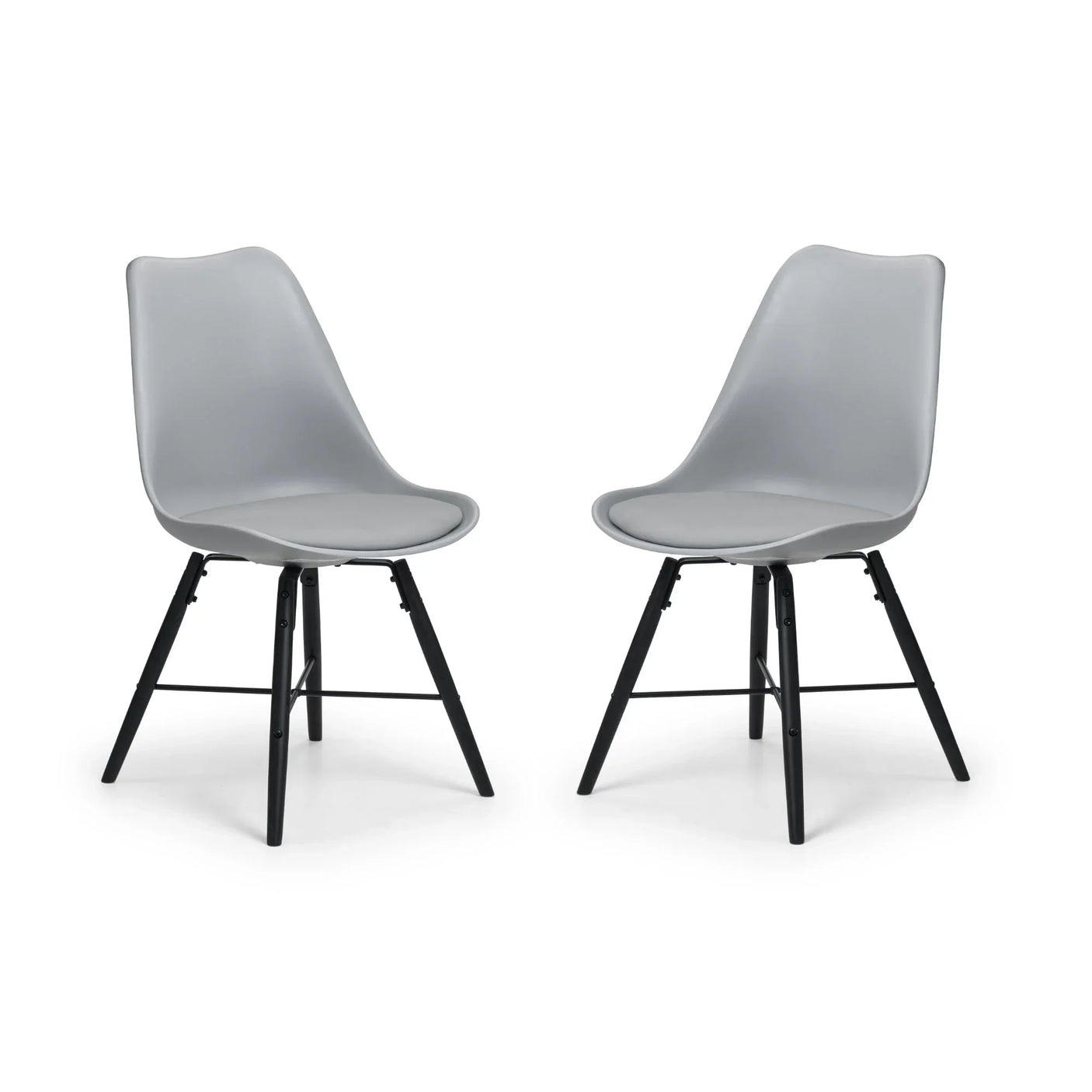 Grey dining chairs with curved seats and black metal legs, angled view on white background
