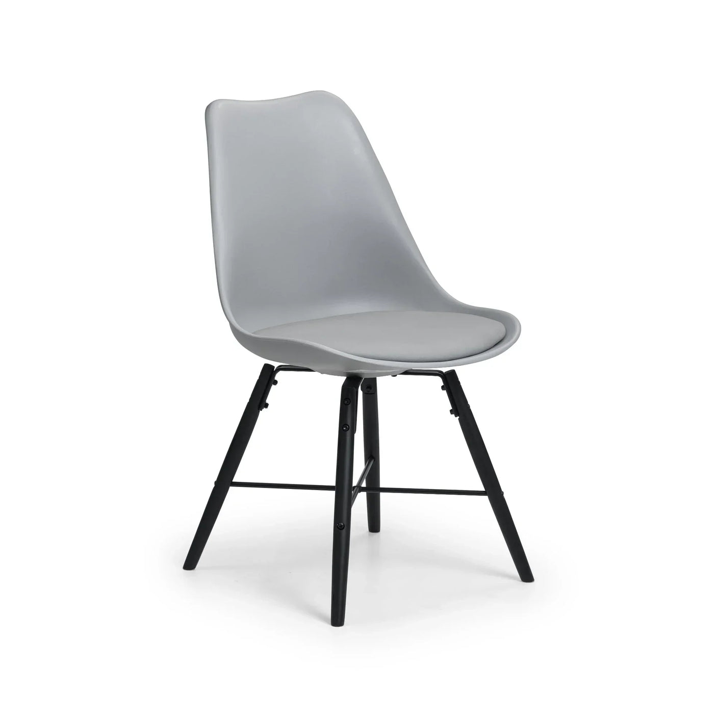 Grey dining chair with curved seat, black legs, and padded cushion on white background