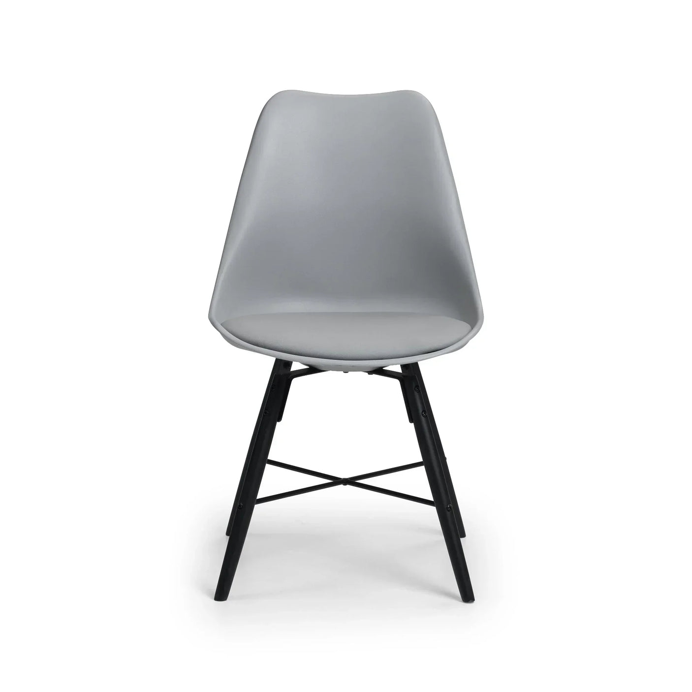 Grey dining chair with curved seat and black angled legs on white background