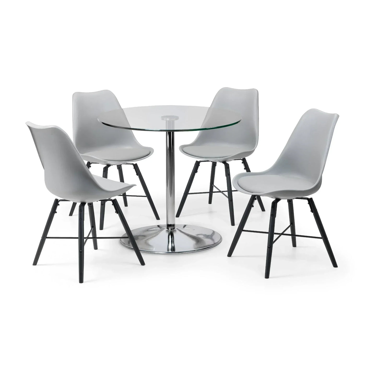 Grey dining chair with curved seat and black angled legs on white background
