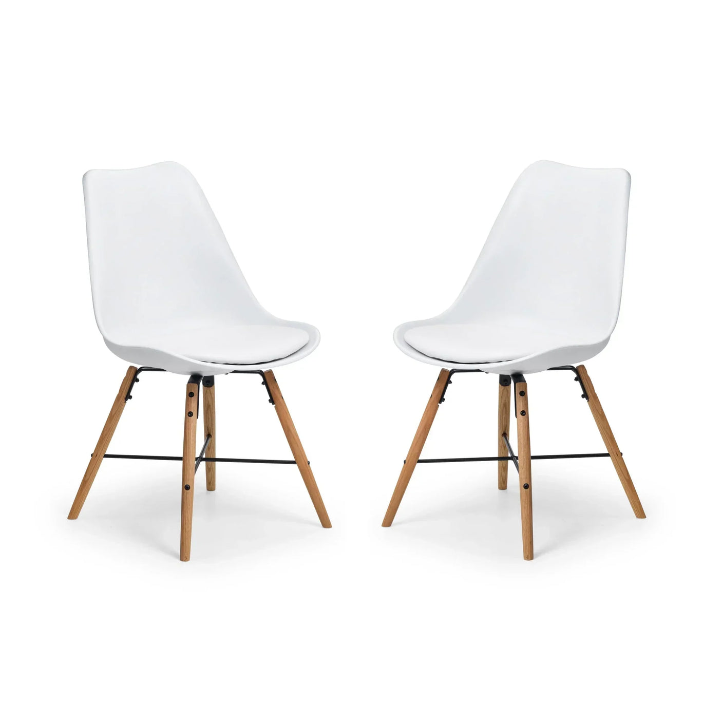 Pair of white dining chairs with wooden legs and curved seats on white background