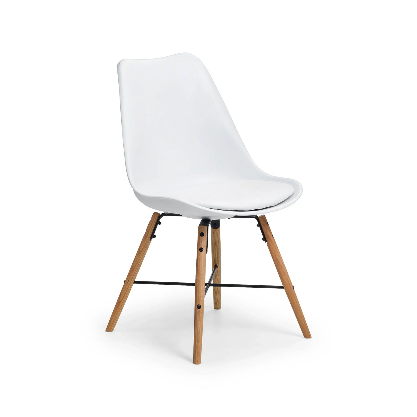 White dining chair with curved seat and wooden legs on white background