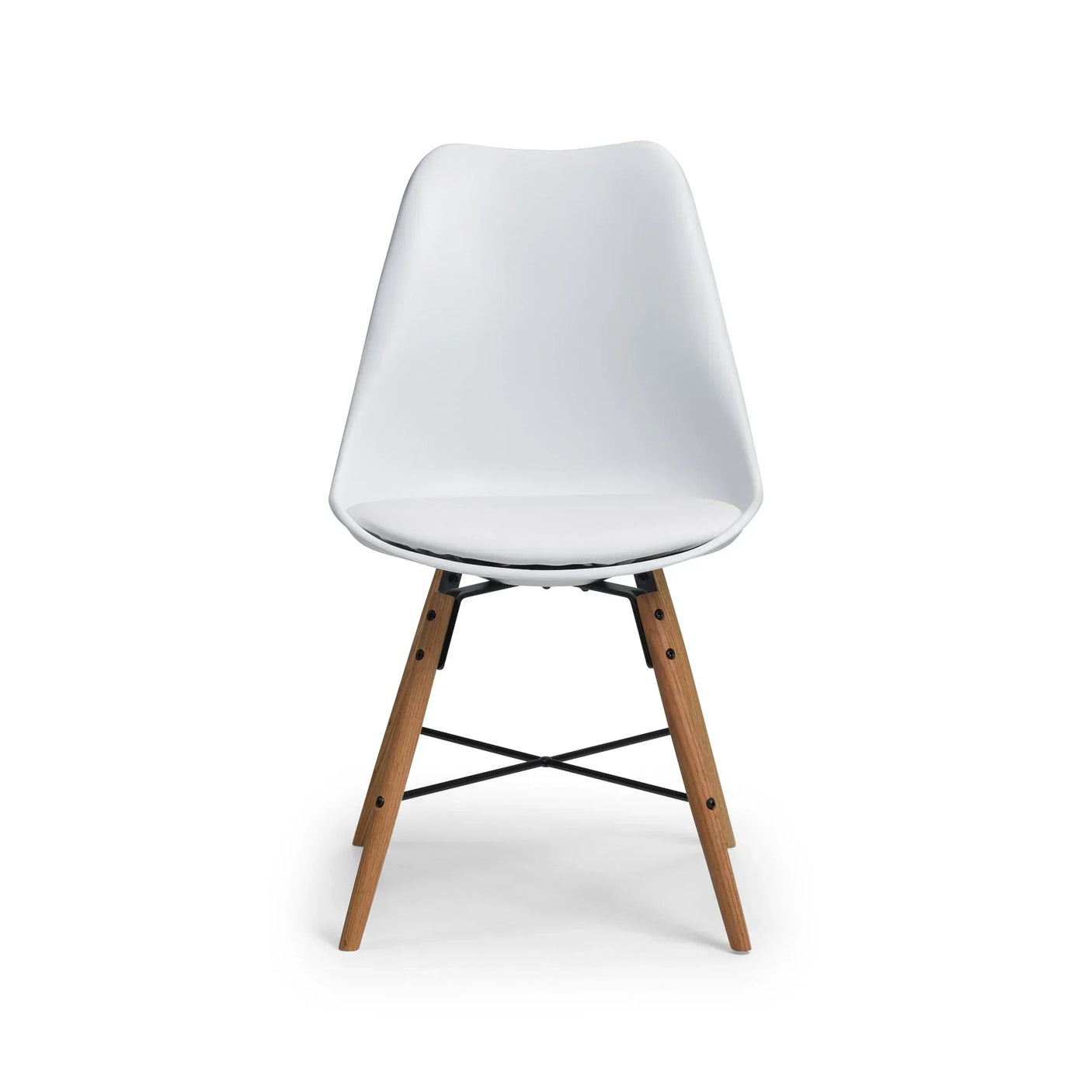 White dining chair with curved seat and wooden legs, front view on plain background