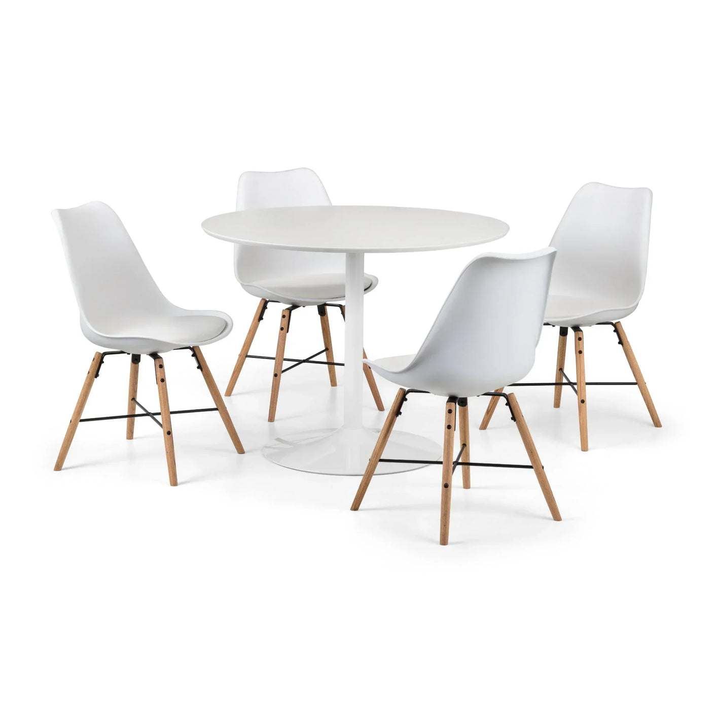White dining chair set with molded seats, wooden legs and round white dining table