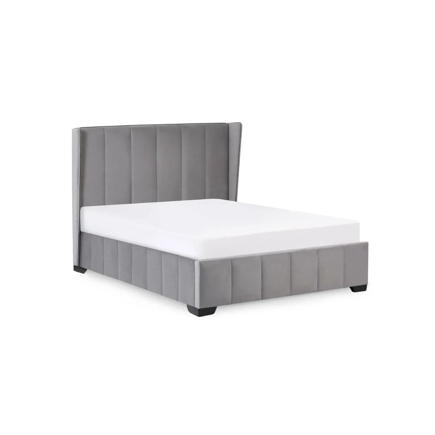 Grey upholstered bed frame with vertical panel headboard and low footboard