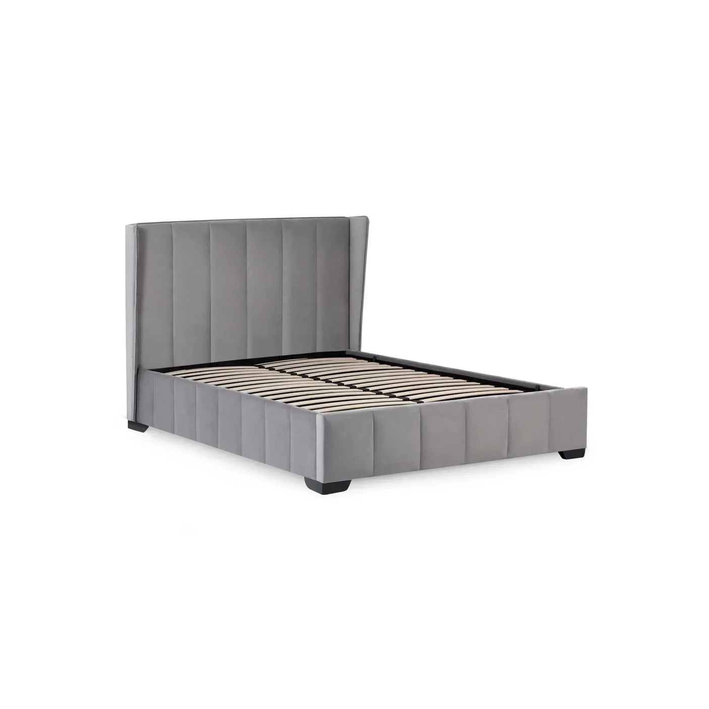 Grey velvet bed frame with vertical panel headboard and wooden slats, angled side view