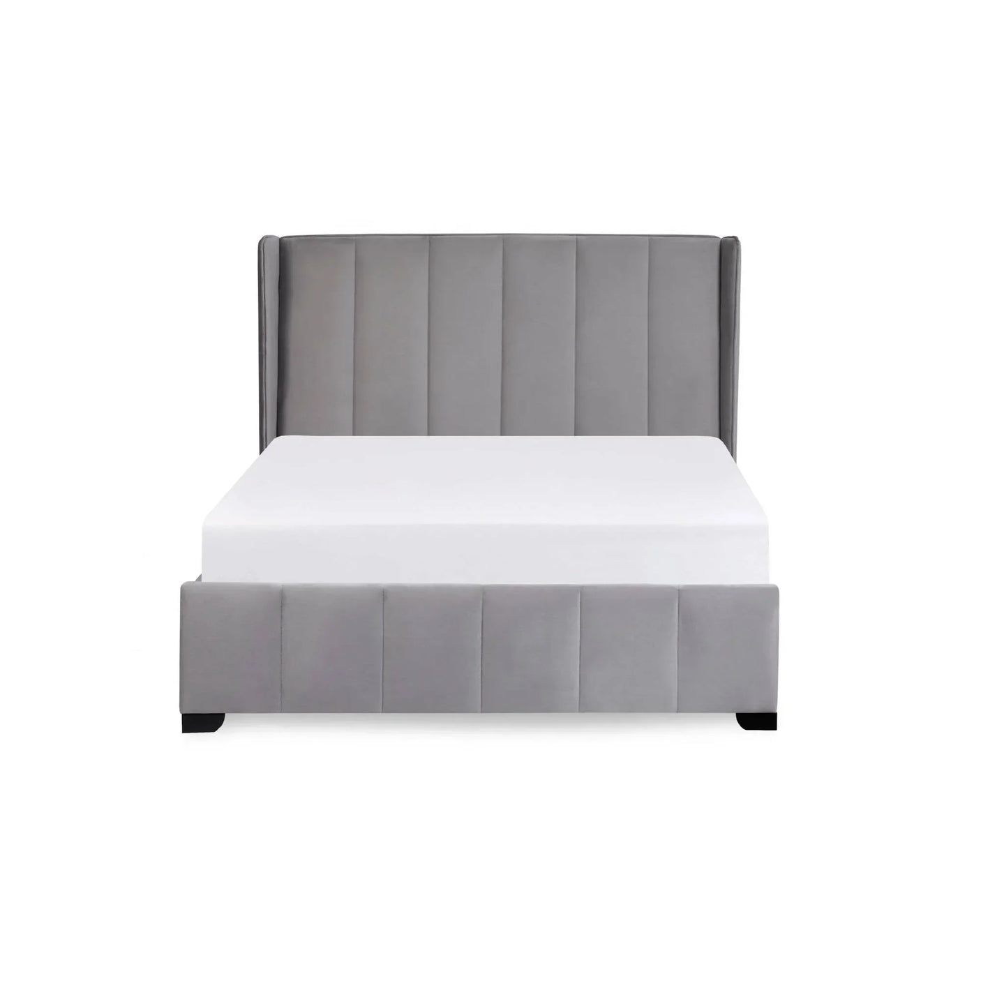 Grey upholstered bed frame with vertical panel headboard and footboard front view
