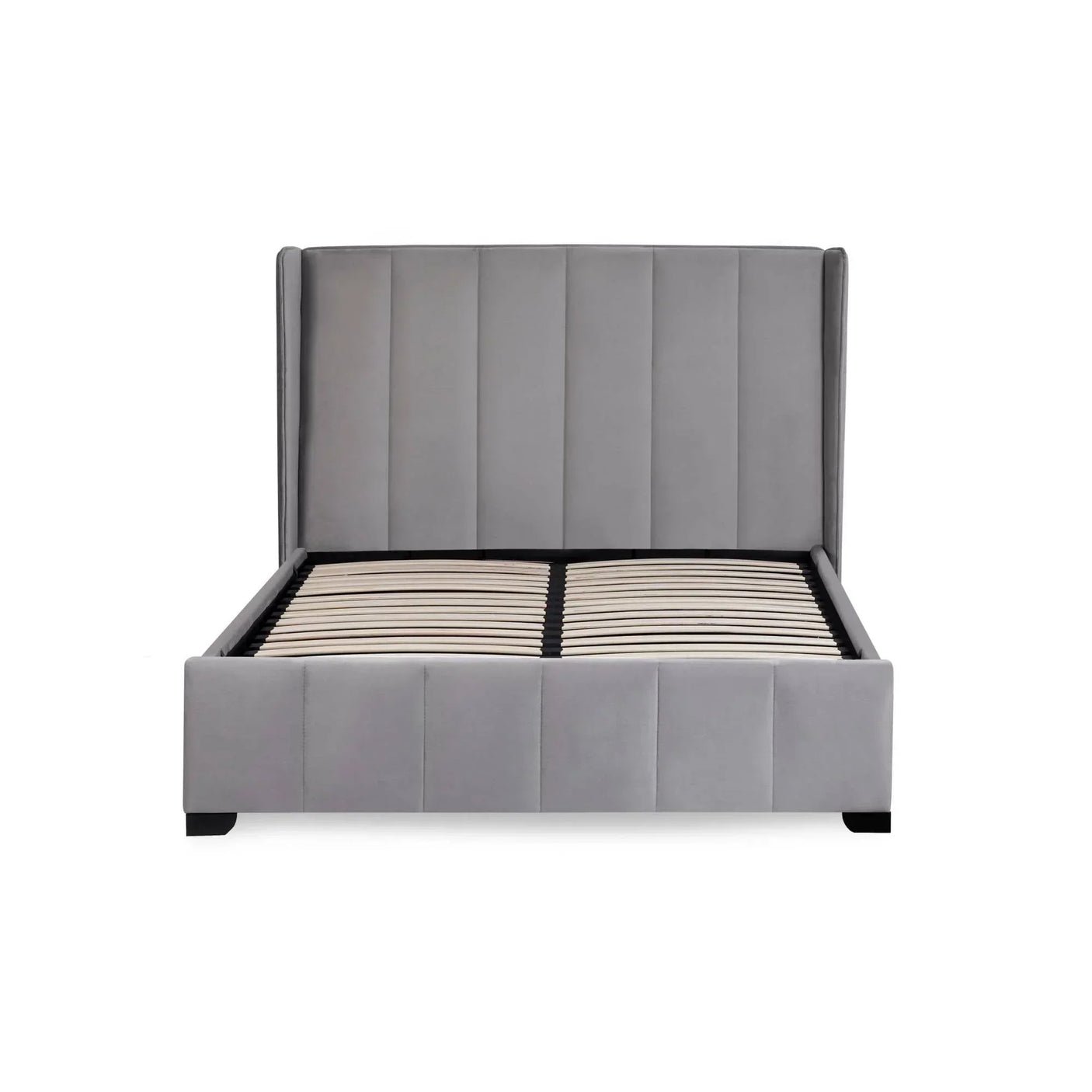 Grey upholstered fabric bed frame with vertical panel headboard and wooden slats, front view