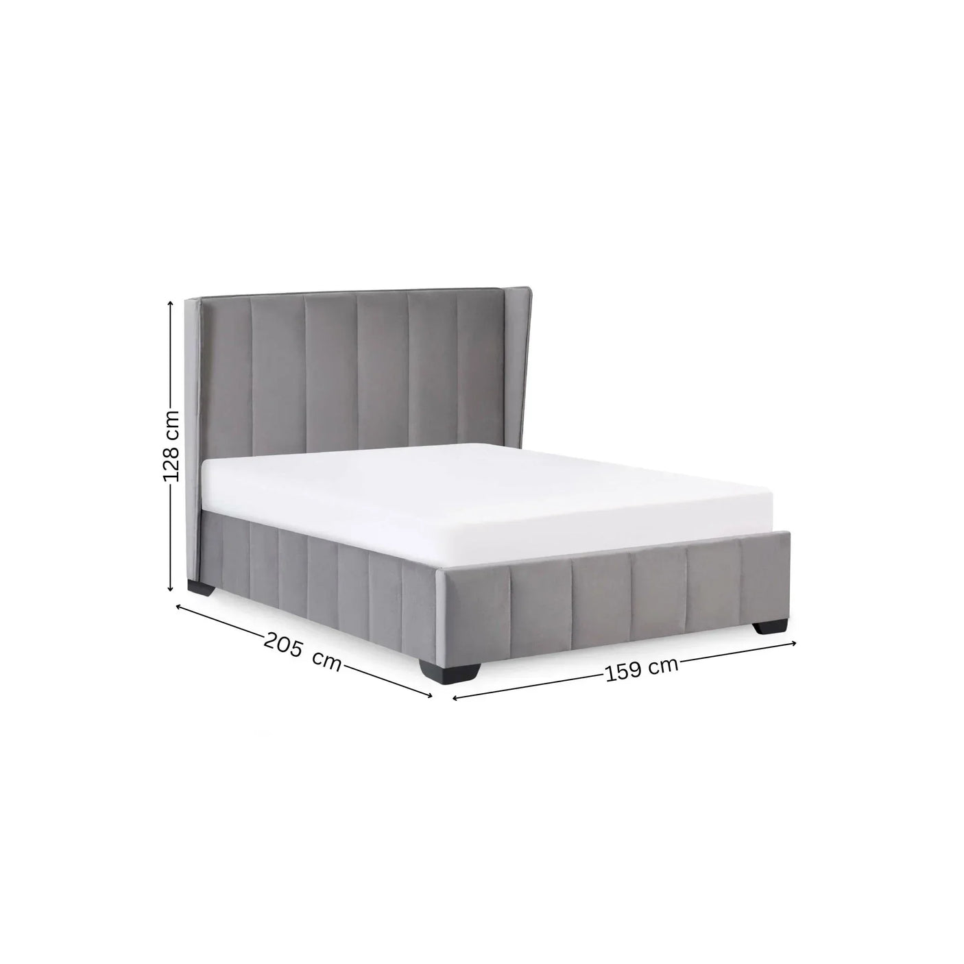 Grey upholstered bed frame with vertical panel headboard and size dimensions shown