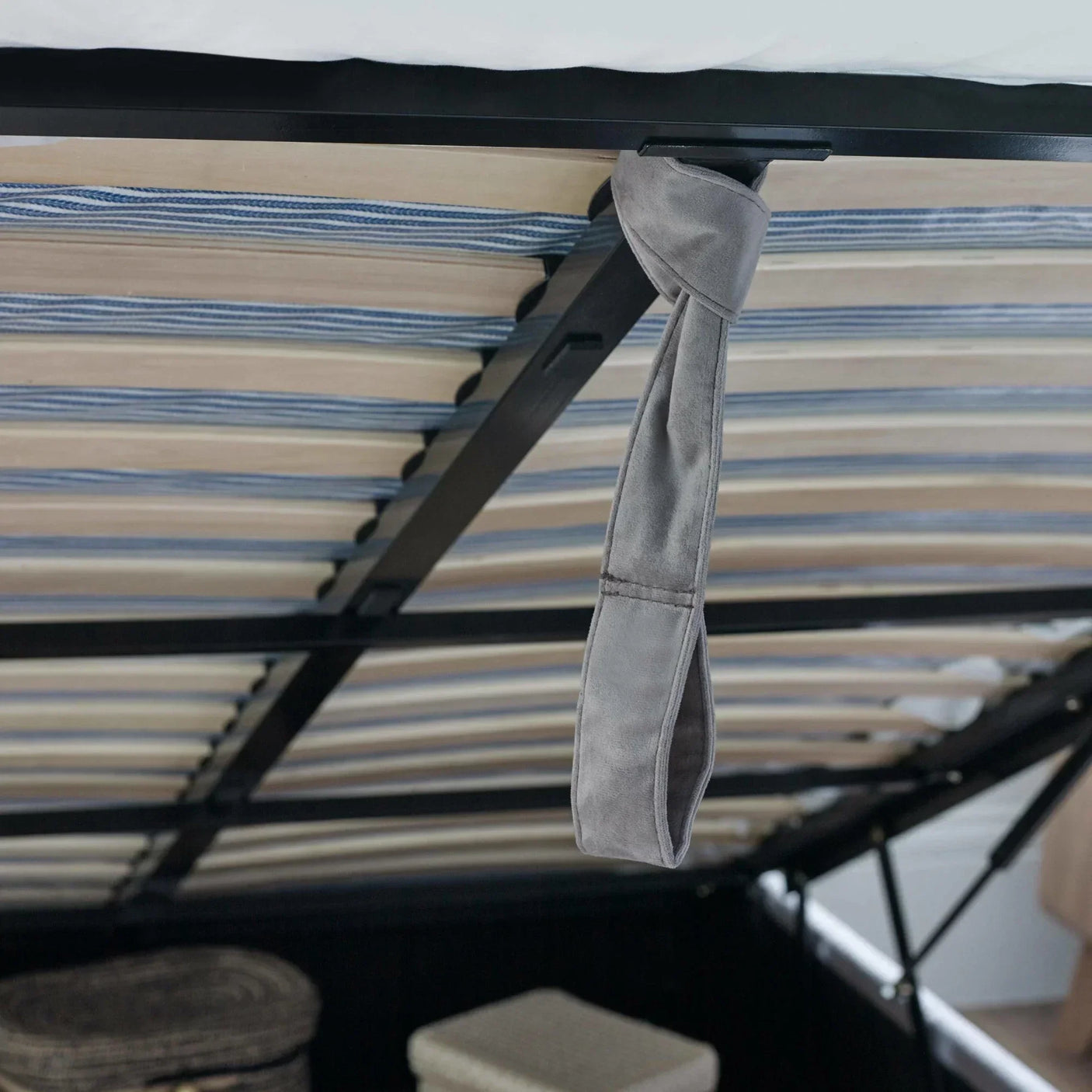 Lift up ottoman bed frame with slatted base and grey fabric pull handle