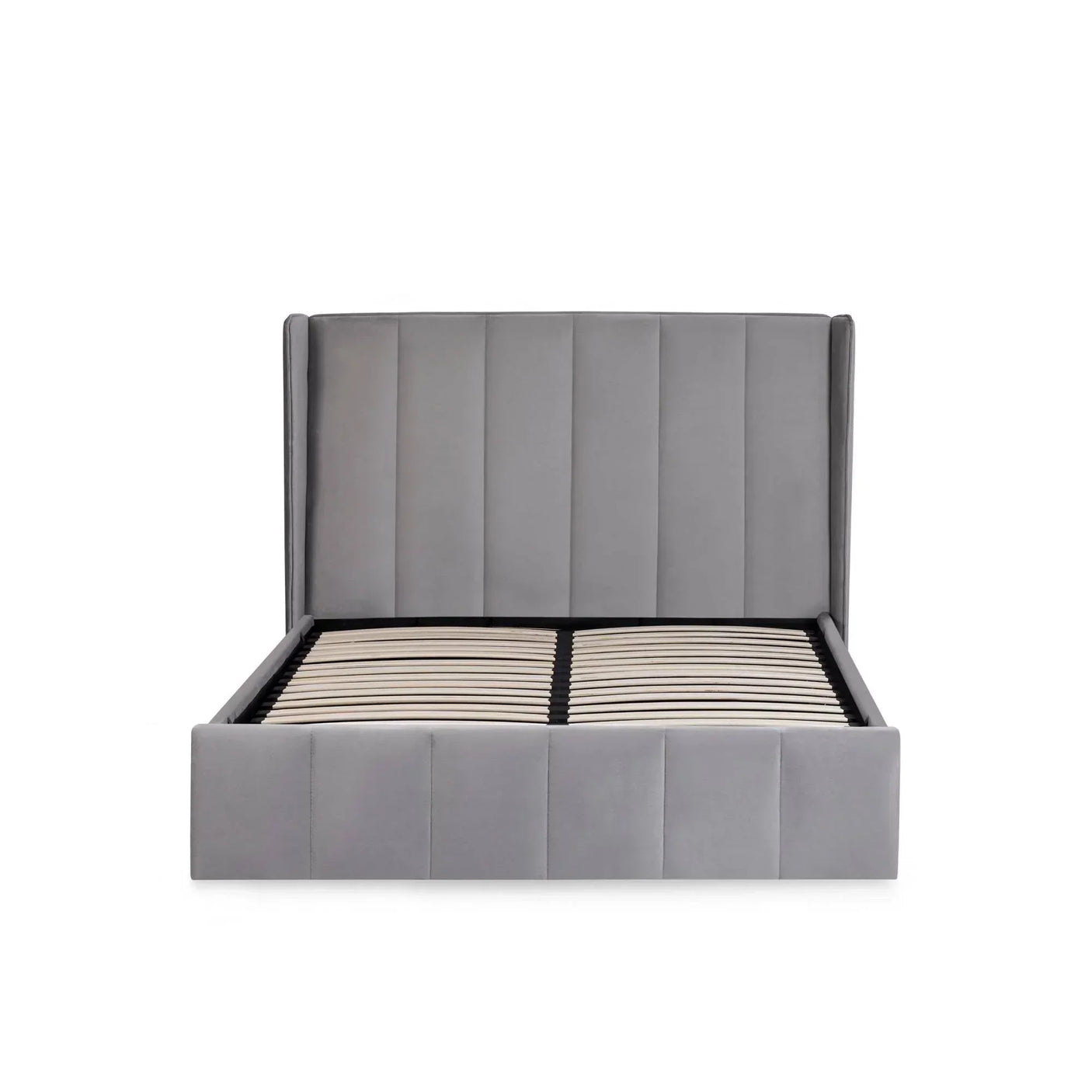 Grey upholstered bed frame with vertical panel headboard and wooden slatted base, front view