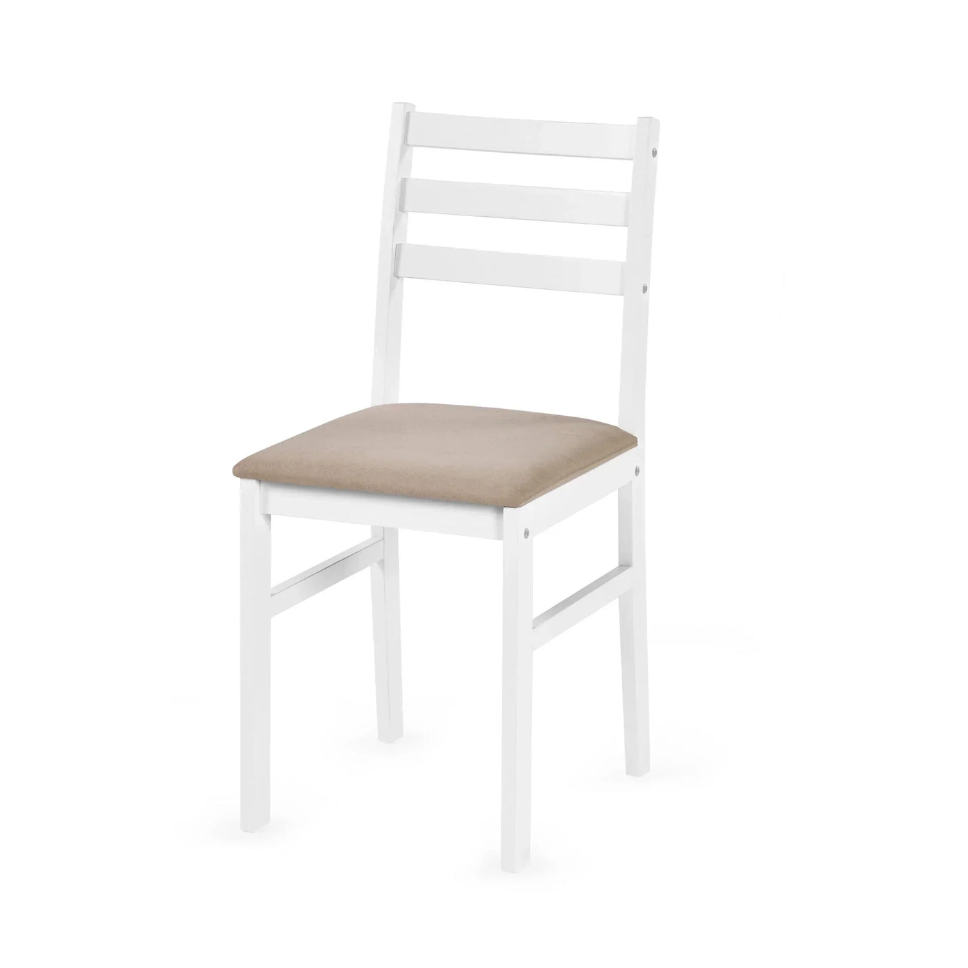 White wooden dining chair with slatted back and light beige cushioned seat