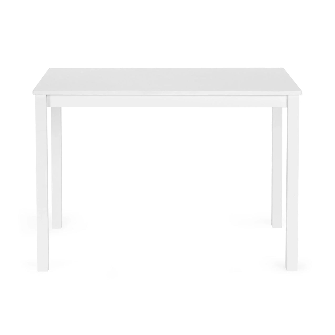 Rectangular white dining table with four straight legs and smooth finish