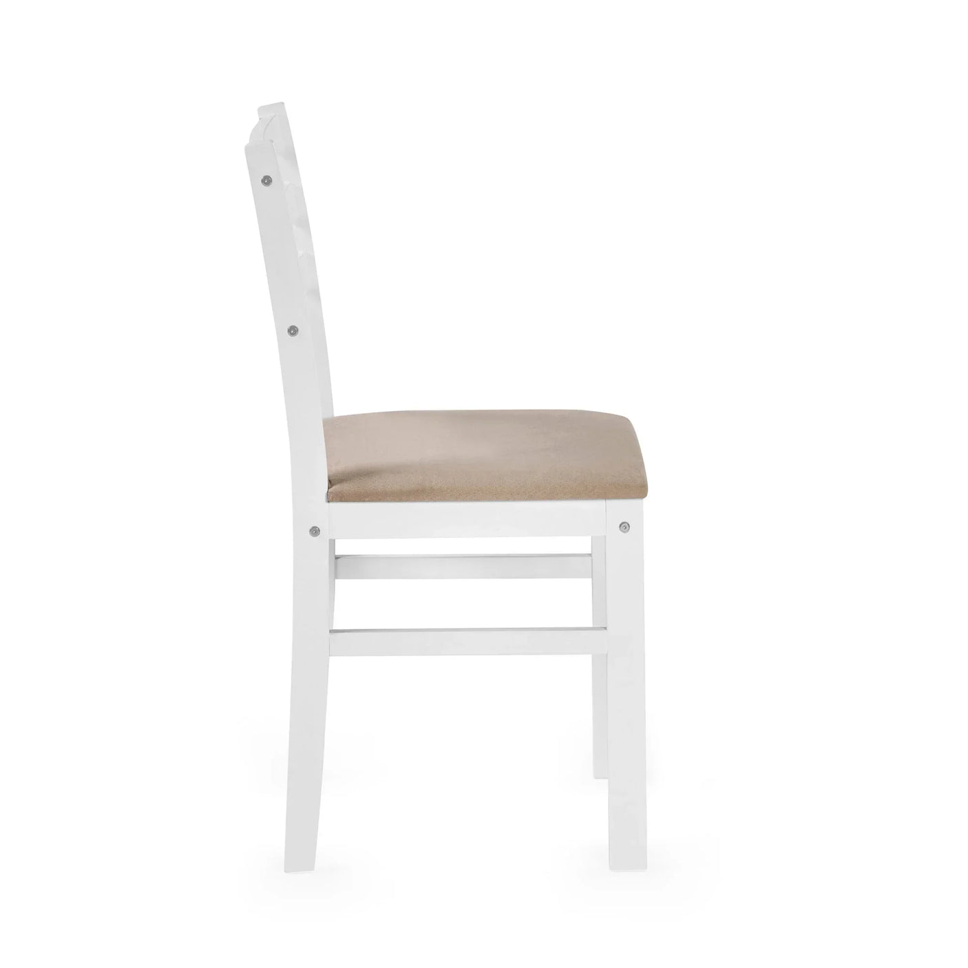 White wooden dining chair with light beige padded seat, side view