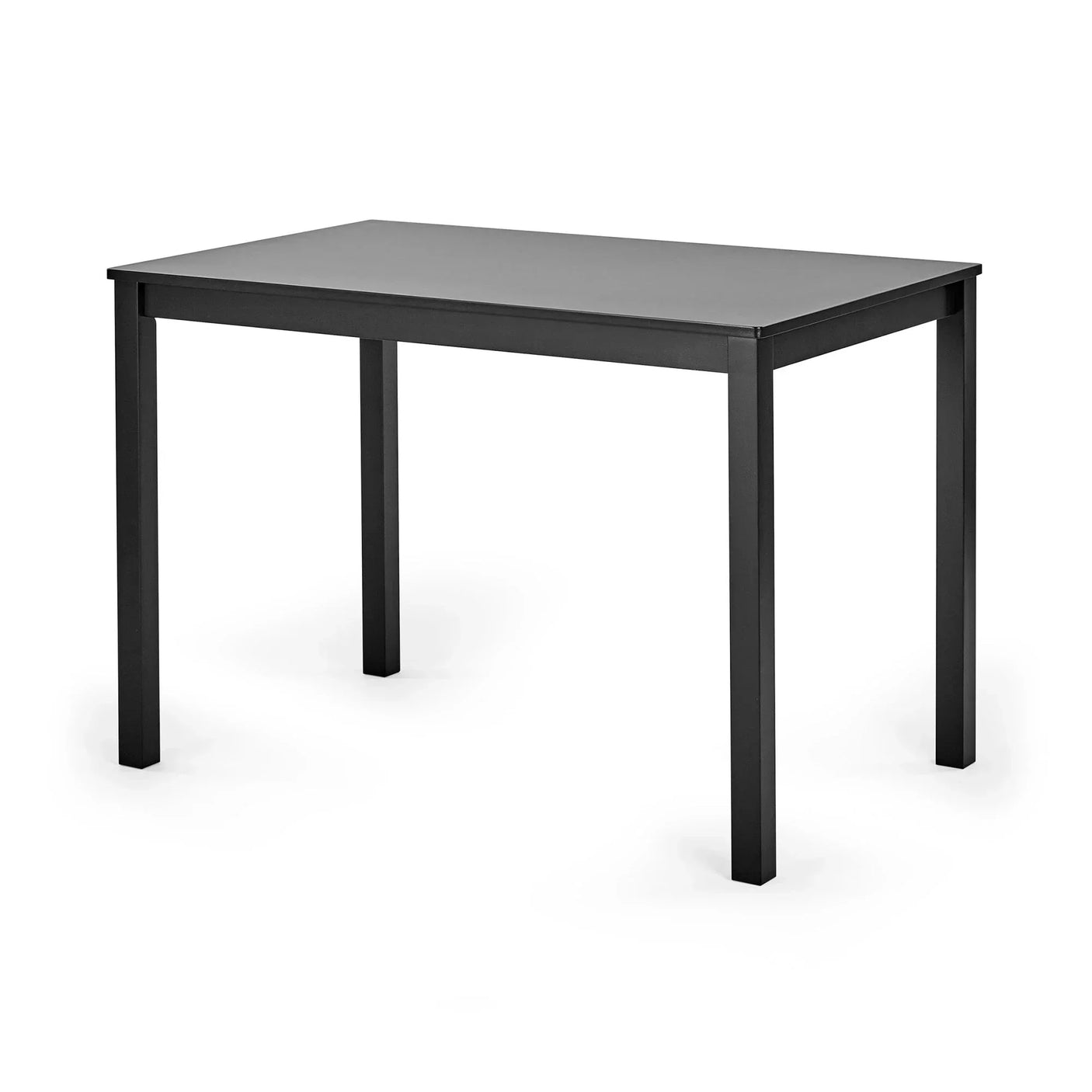 Rectangular black dining table with metal legs on white background