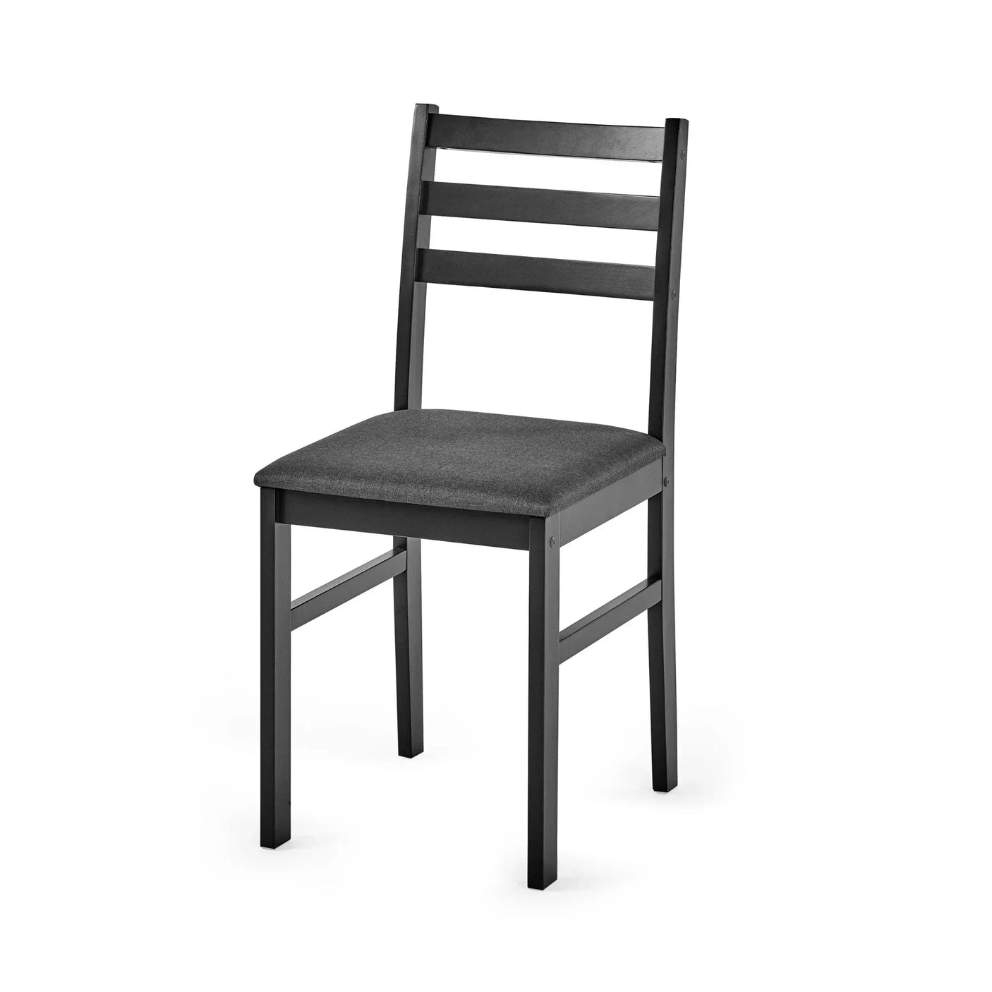 Black dining chair with slatted back and upholstered dark grey seat on white background