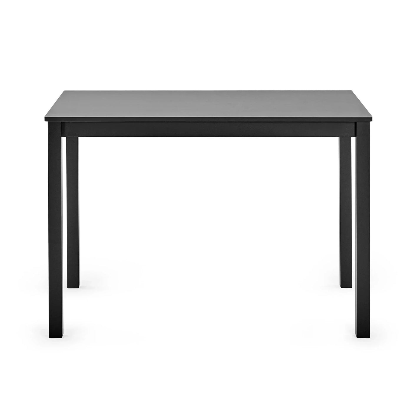 Black rectangular dining table with four straight legs and smooth tabletop, front view