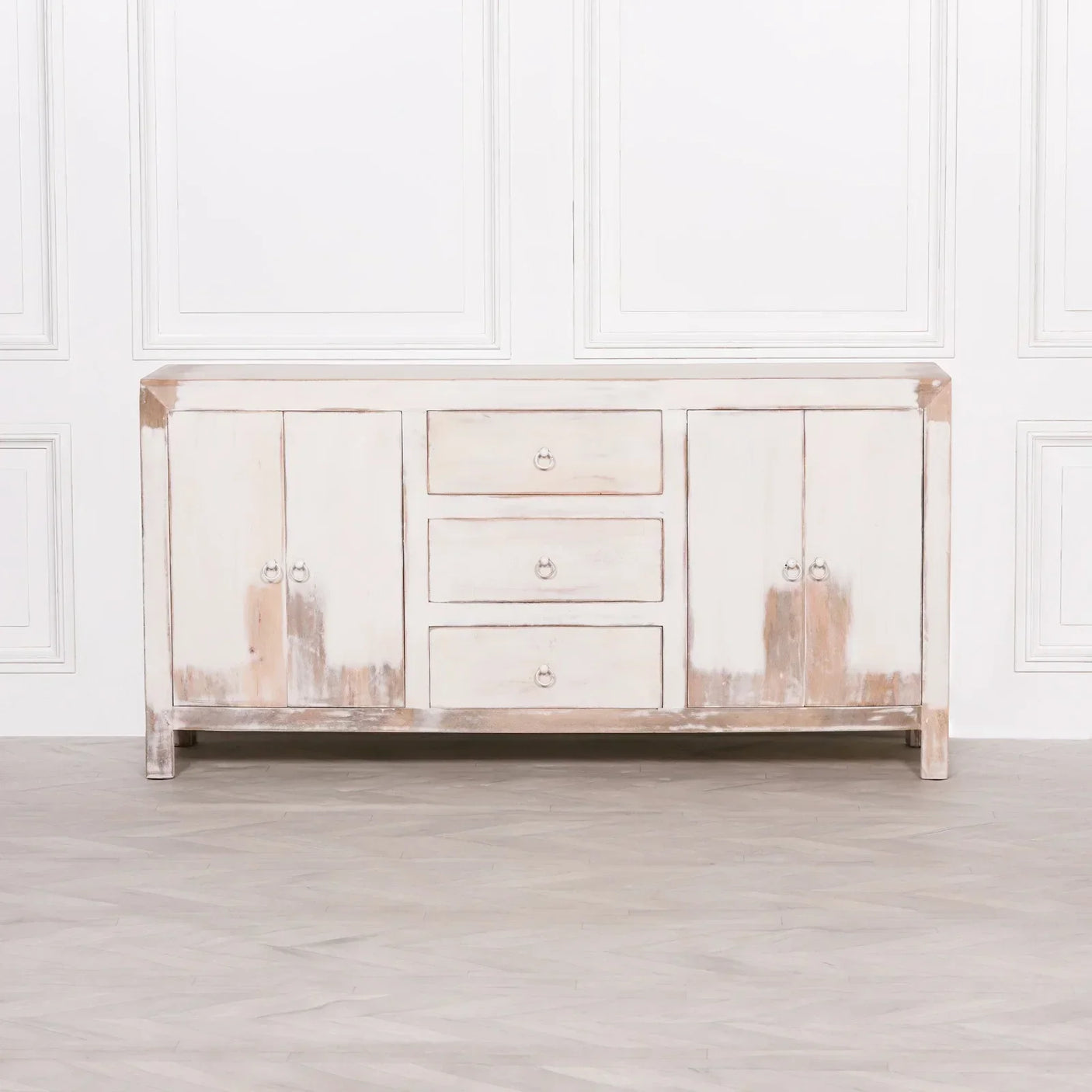 Distressed wood sideboard with three central drawers and two double-door cupboards