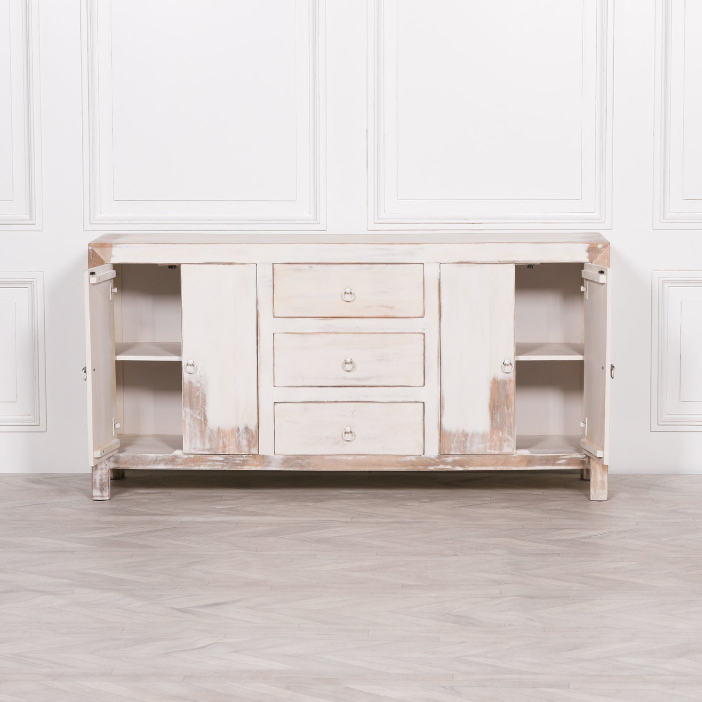 White Distressed Oriental Sideboard