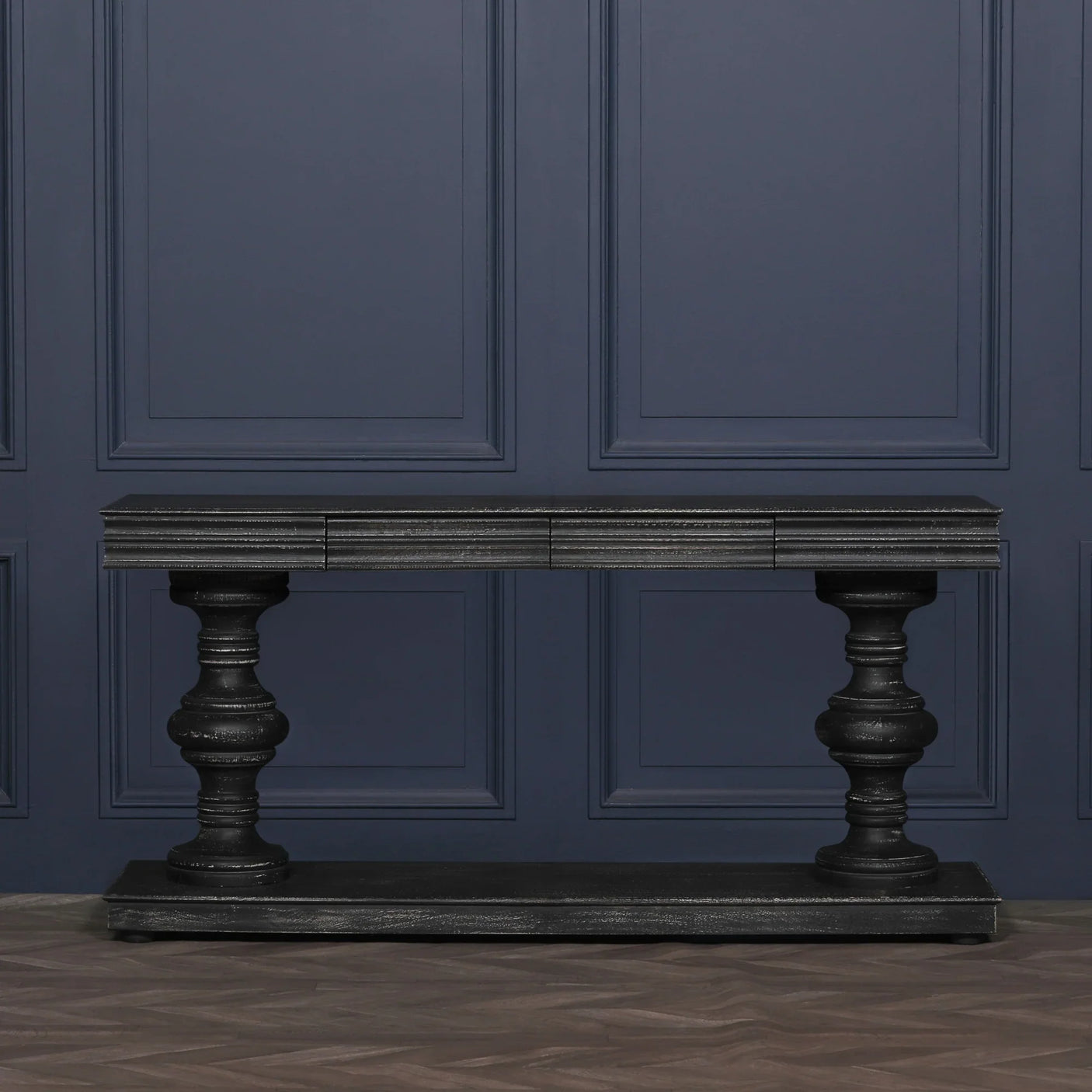 180cm Black Distressed Console Table with Drawers
