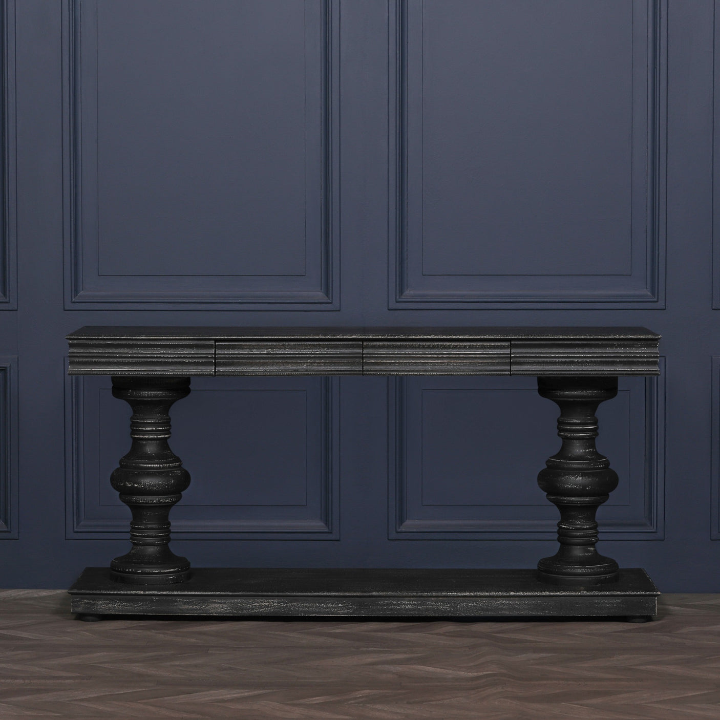 180cm Black Distressed Console Table with Drawers