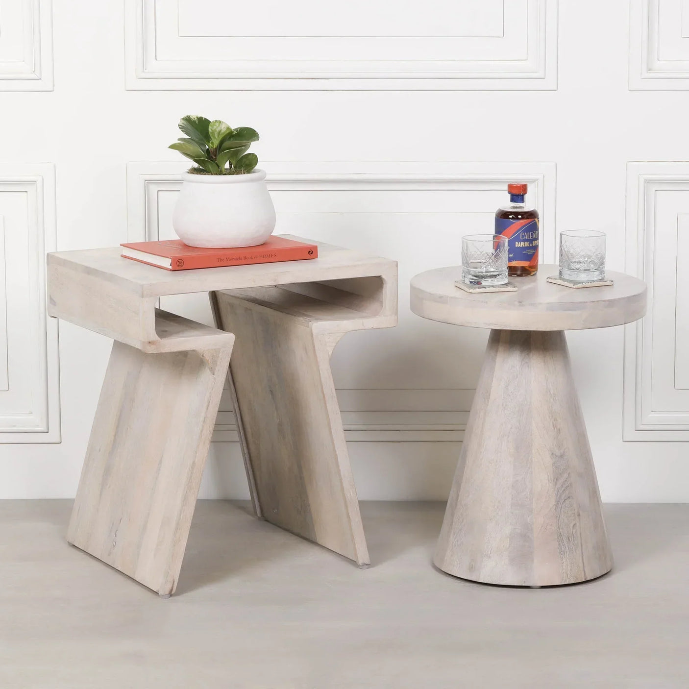 Light wood side tables with geometric shapes, one featuring a plant and book, the other with drinks