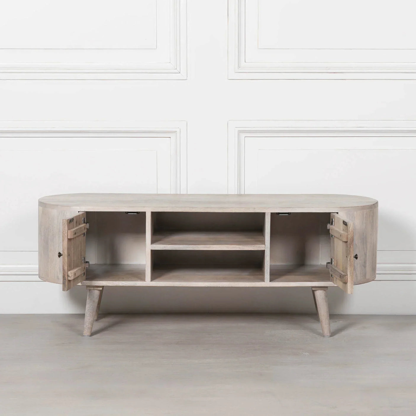 Light wood TV unit with open storage shelves and side cupboards, front view