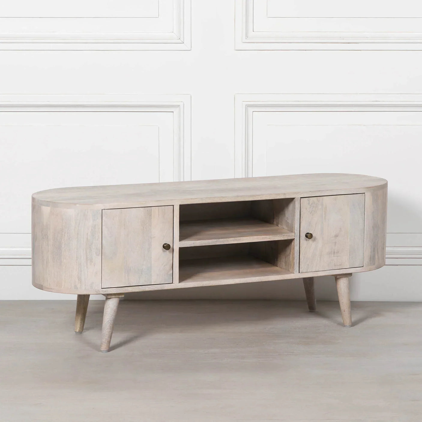 Oak TV unit with rounded edges, two storage cupboards and open shelving, mid-century style