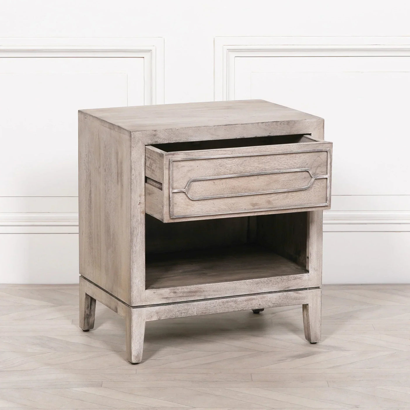 Rustic wooden bedside table with open shelf and single drawer, light wood finish