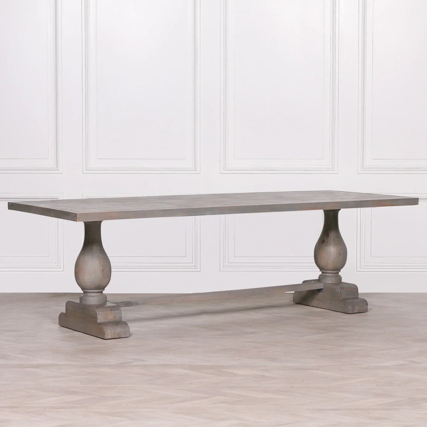 Rectangular wooden dining table with double pedestal base in light grey finish