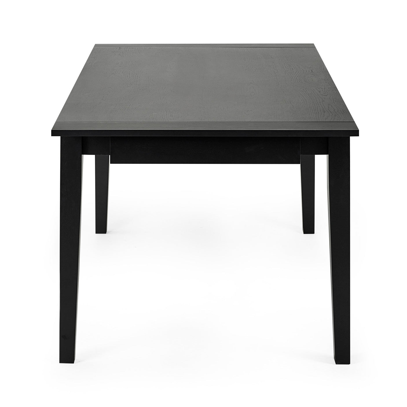 Black dining table with extension panel partially lifted, showing mechanism under tabletop