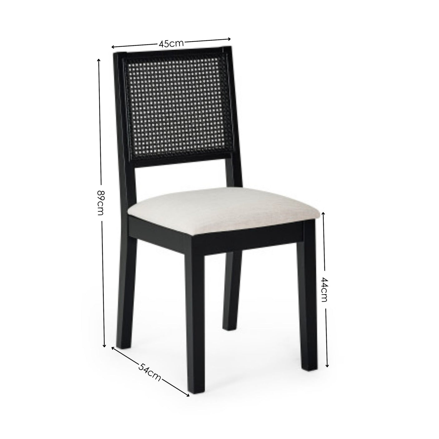 Beige upholstered dining chair with dark wood frame showing dimensions 45cm width, 89cm height, 54cm depth, 44cm seat height