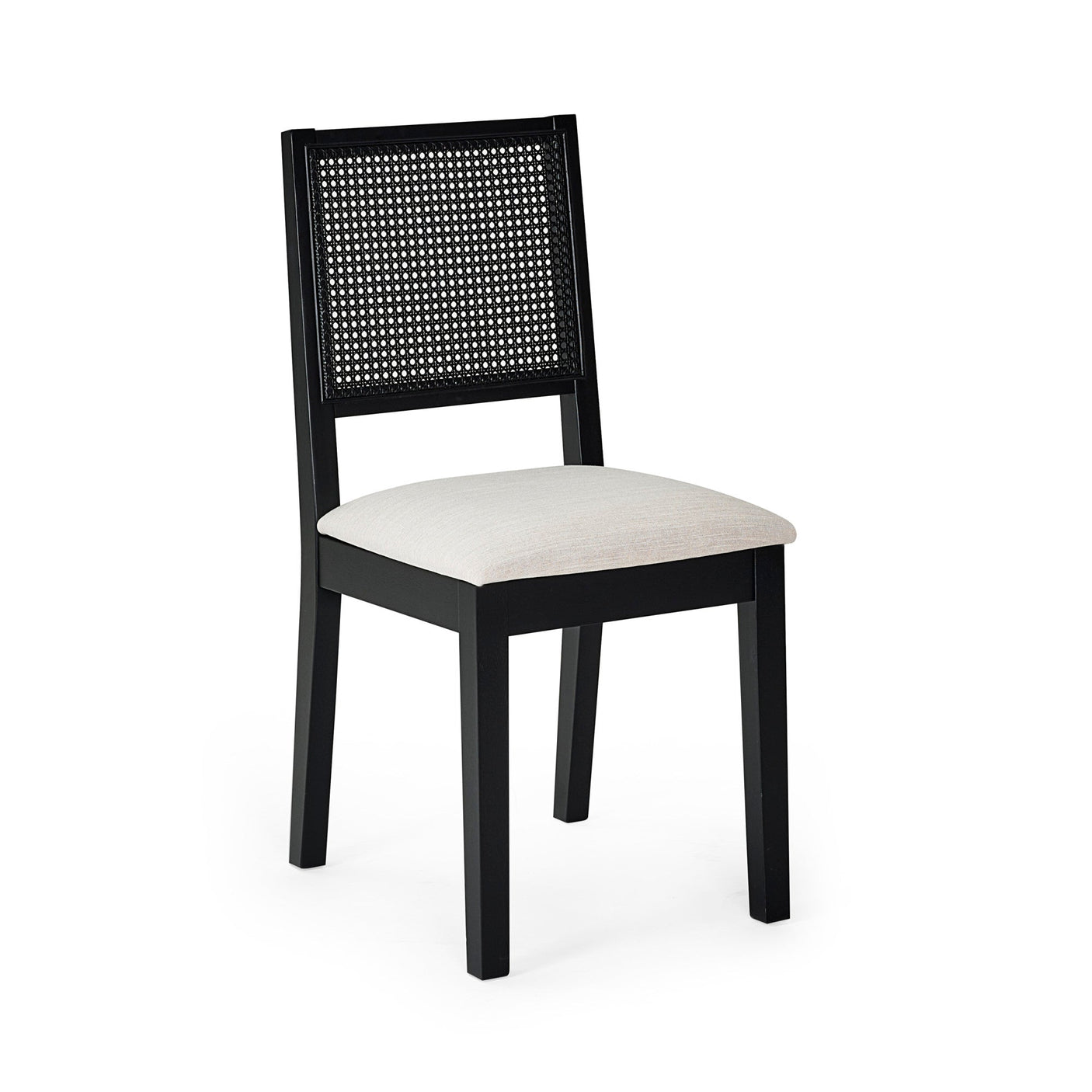 Single black wood dining chair with woven cane back and beige upholstered seat on white background.