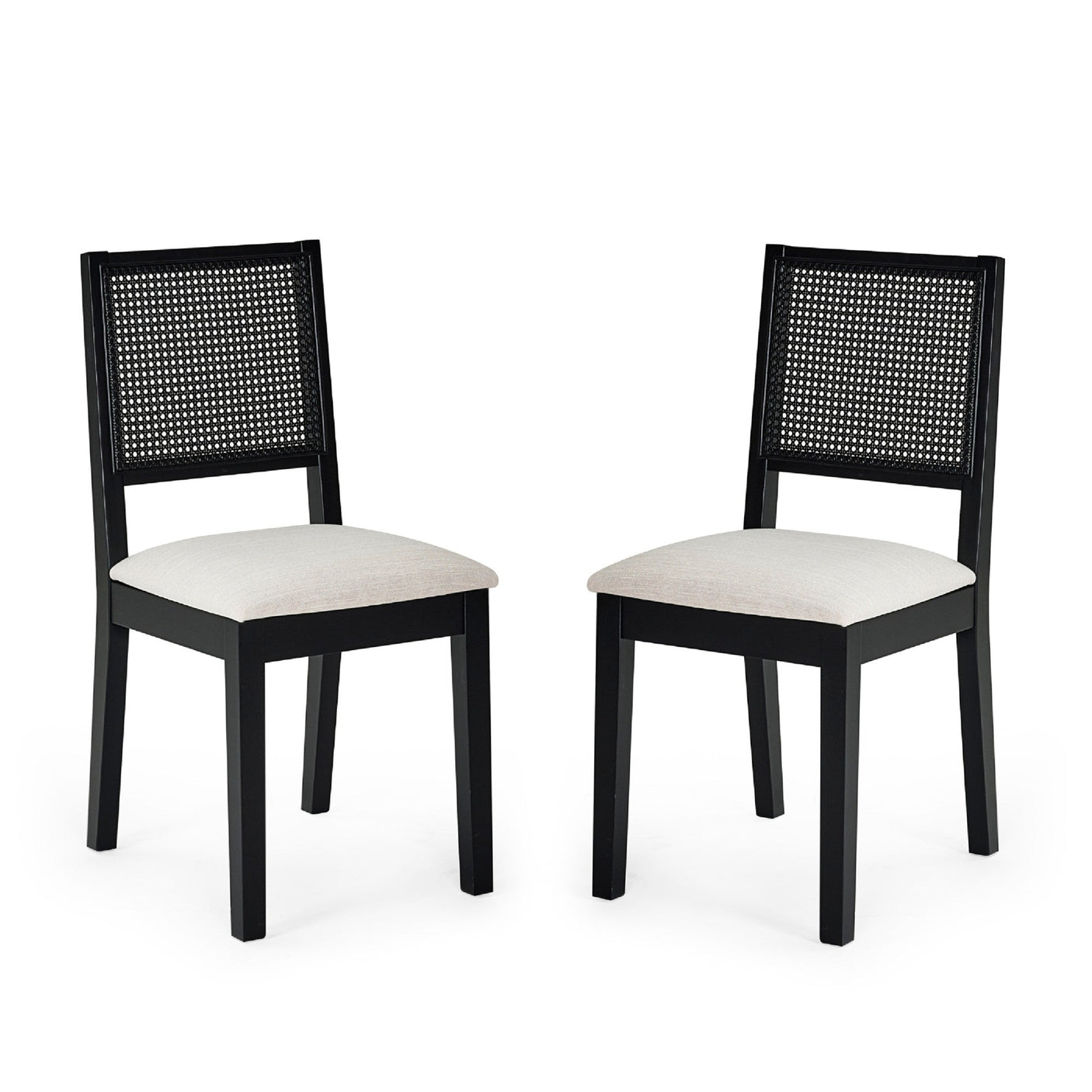 Pair of black wood dining chairs with woven cane backs and beige upholstered seats on white background.