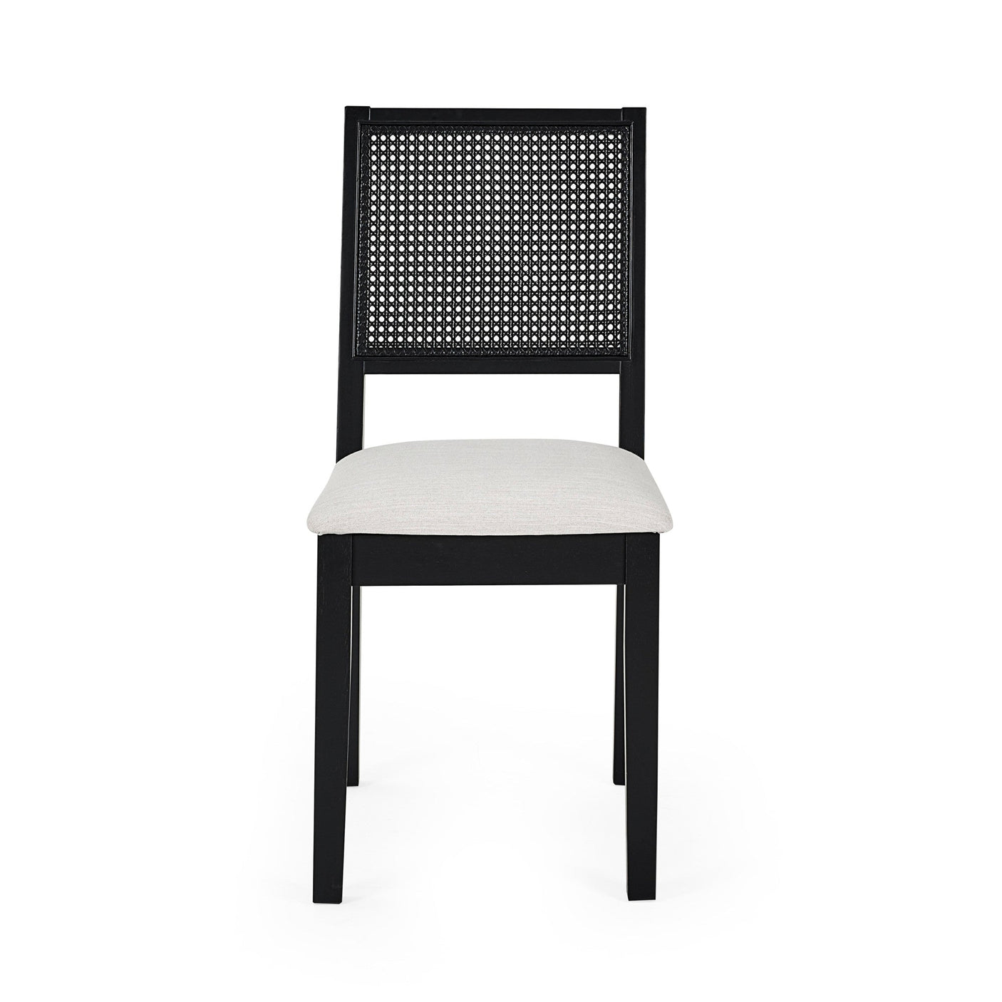 Black dining chair front view with woven cane backrest and light beige upholstered seat