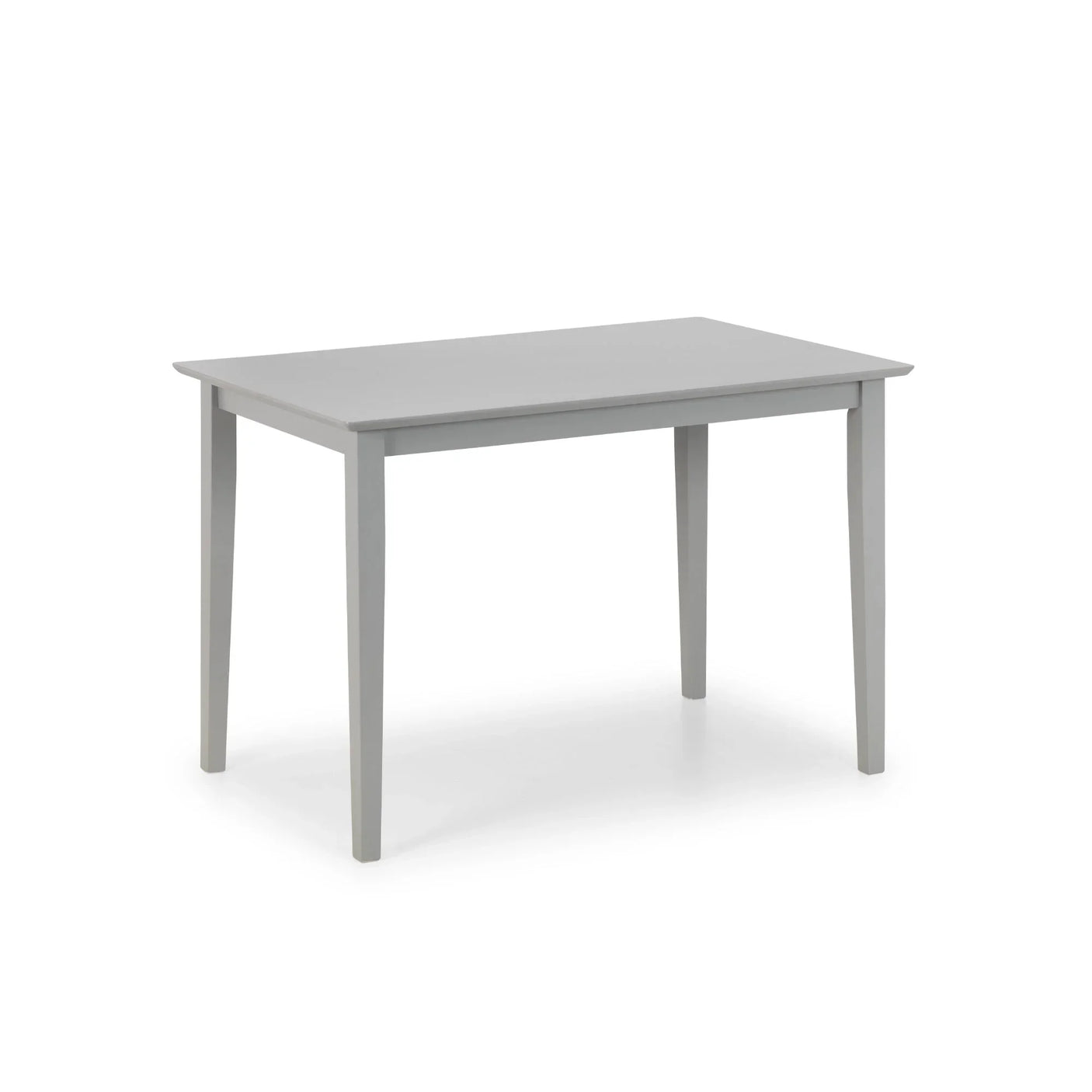 Grey compact rectangular dining table with tapered legs on white background