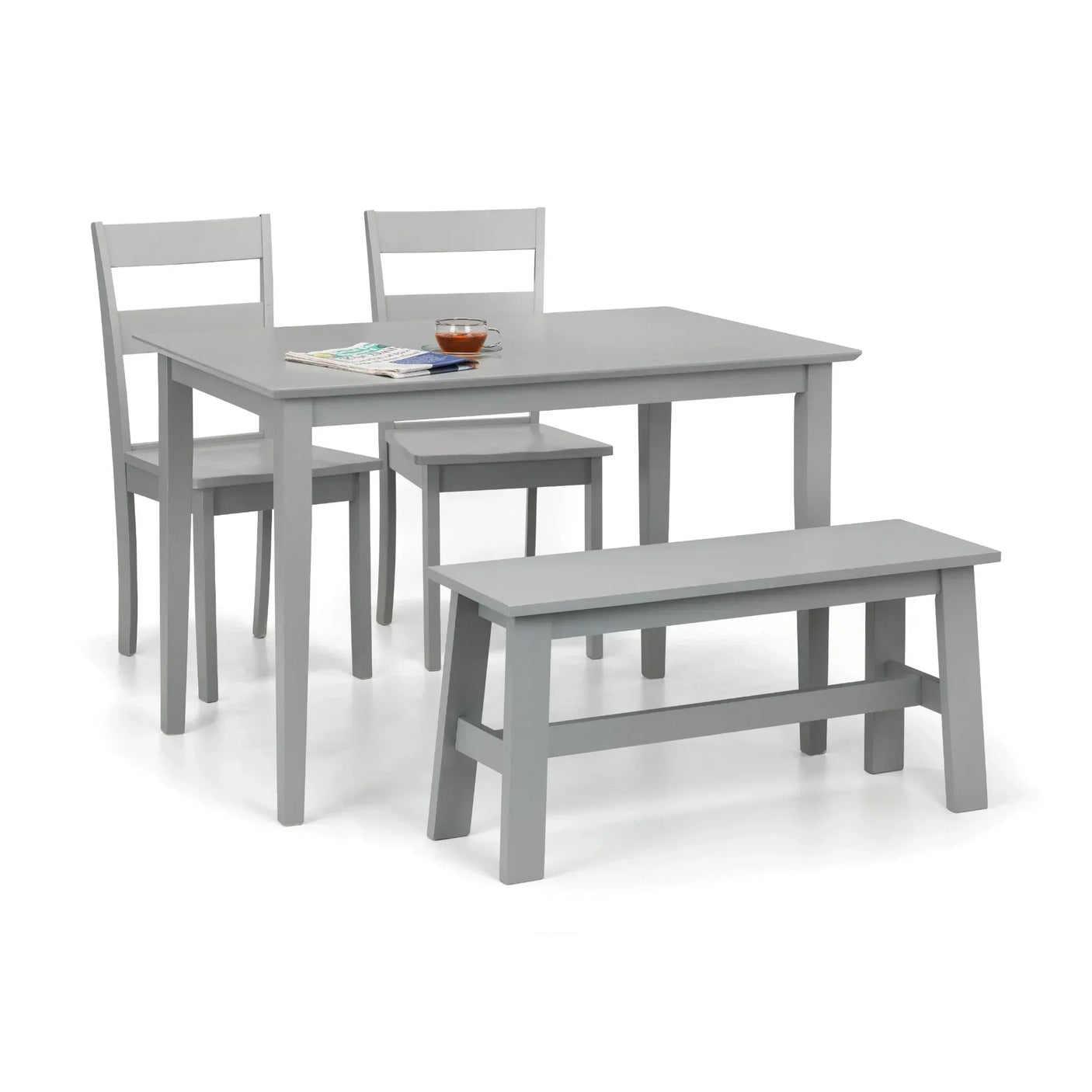 Grey rectangular dining table set with two chairs and a bench on white background
