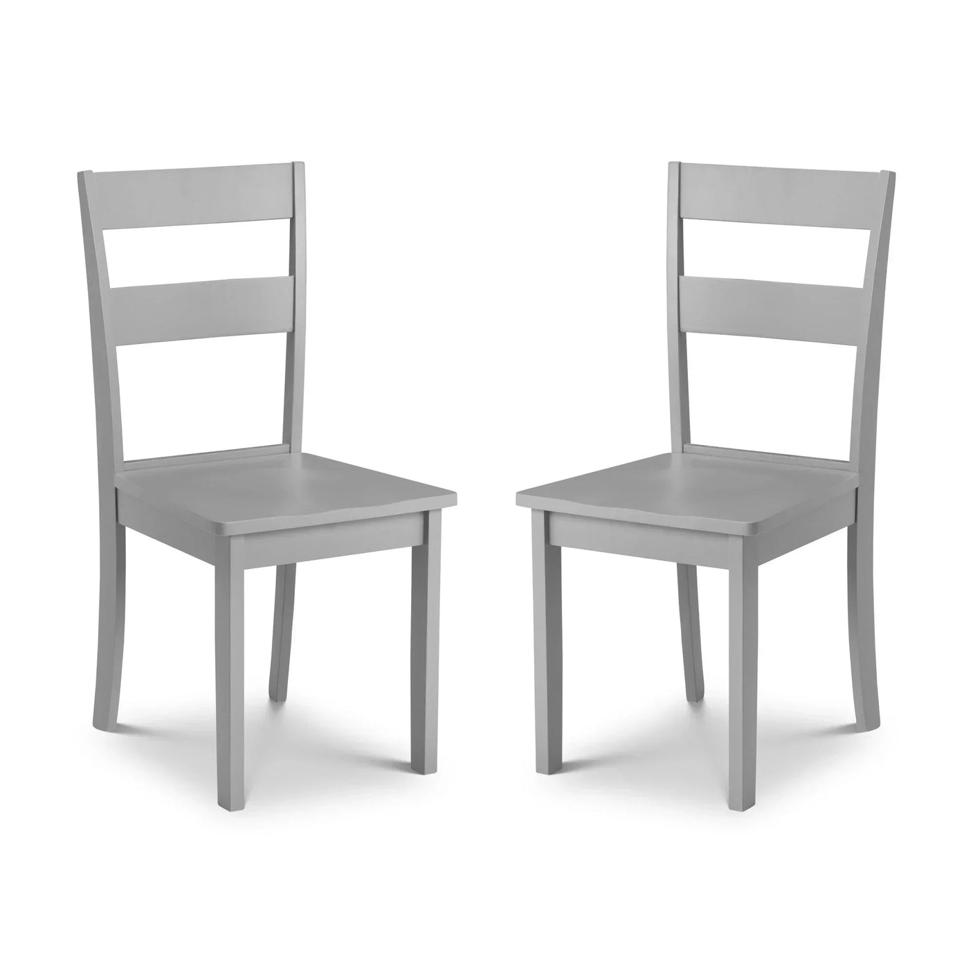 Pair of grey wooden dining chairs with slatted backrest on white background
