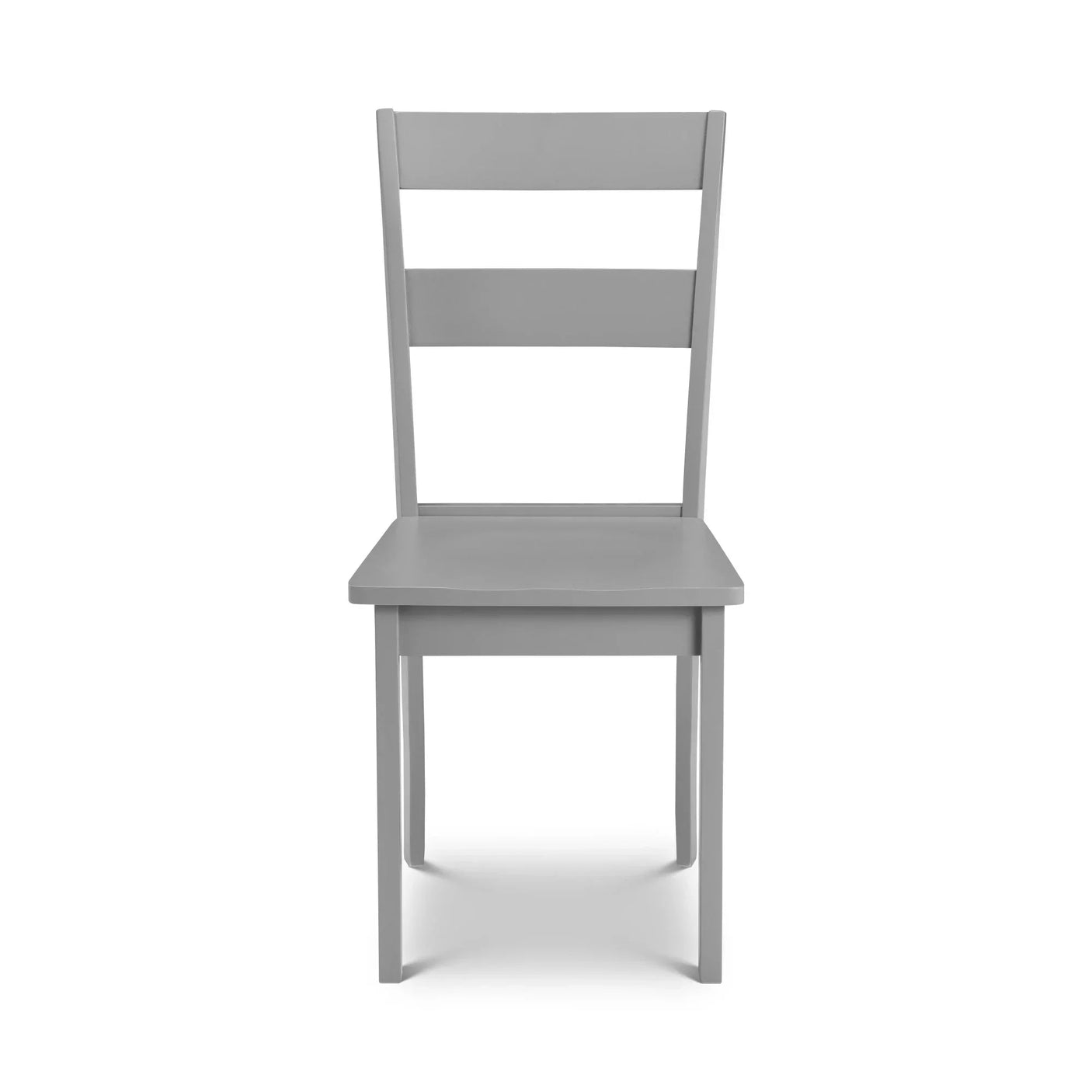 Grey wooden dining chair with slatted backrest and square seat front view