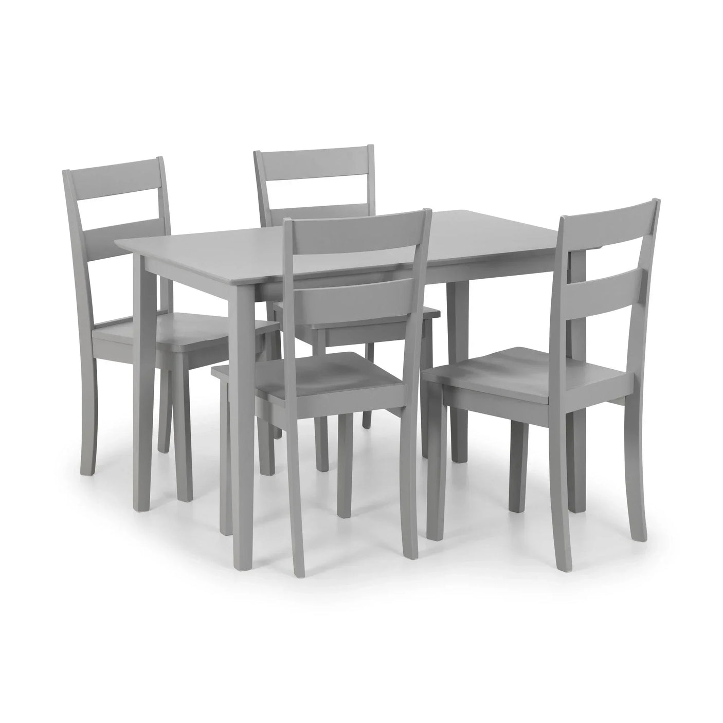 Grey wooden dining table set with four matching chairs, ladder back design, front angle view