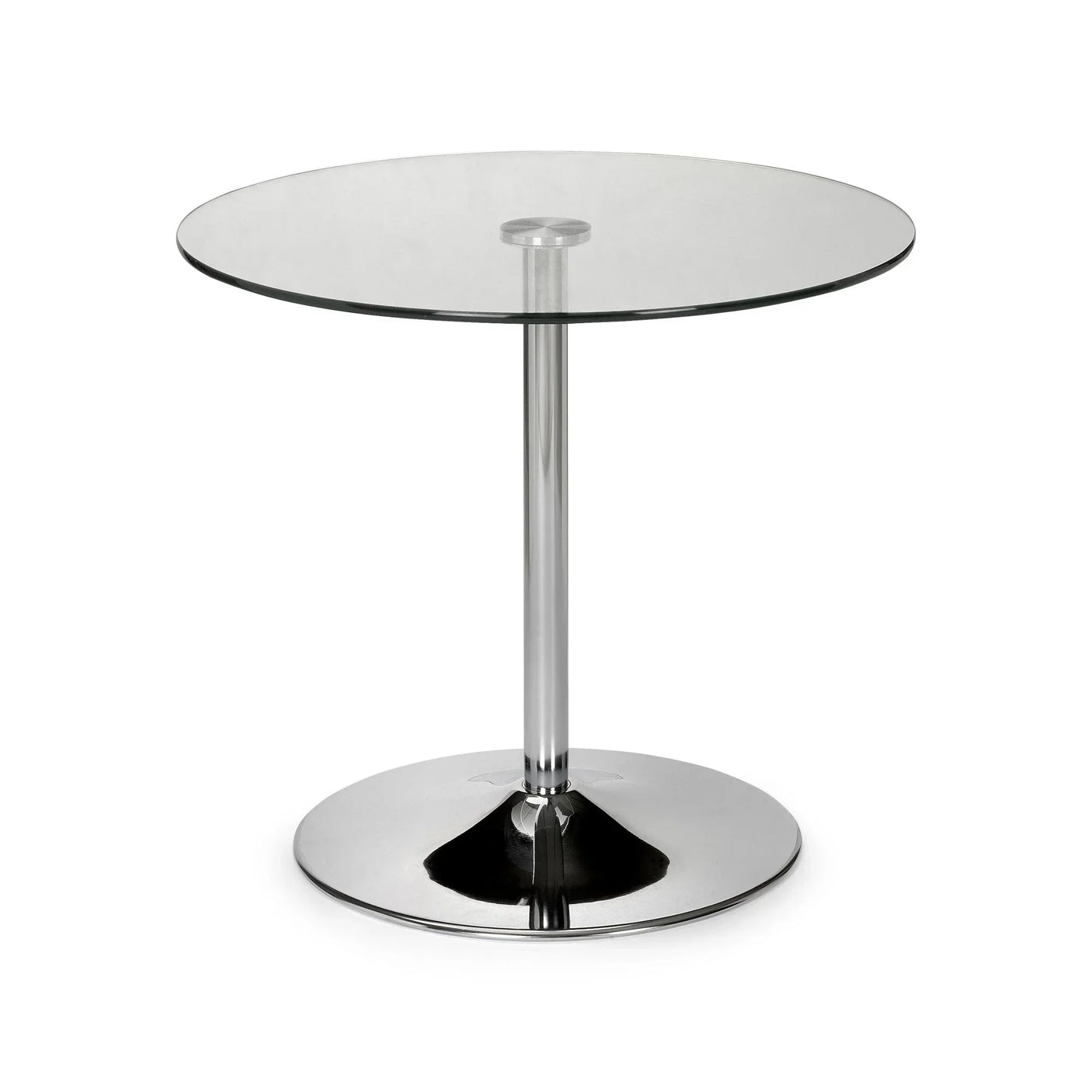 Round glass dining table with chrome pedestal base